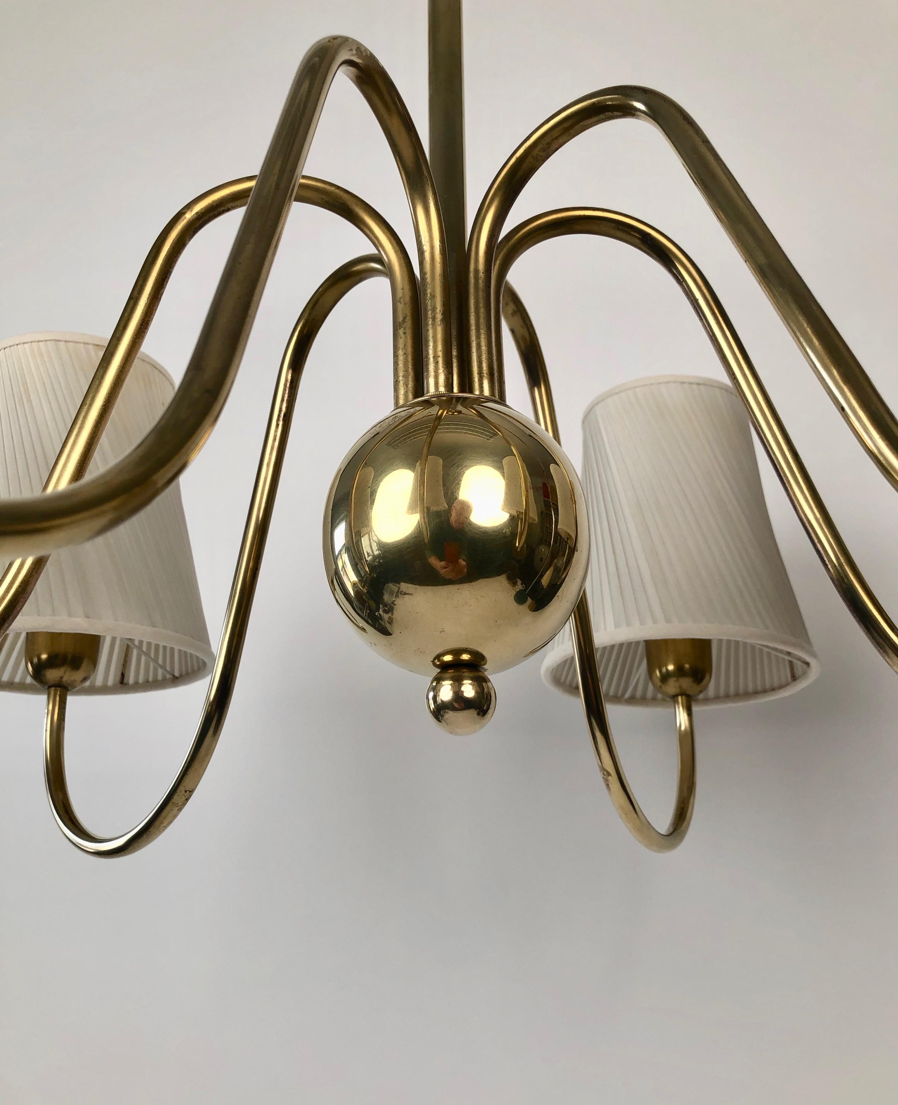 Austrian Six Arm chandelier in Brass from Josef Frank with Silk Shades, made in Austria For Sale