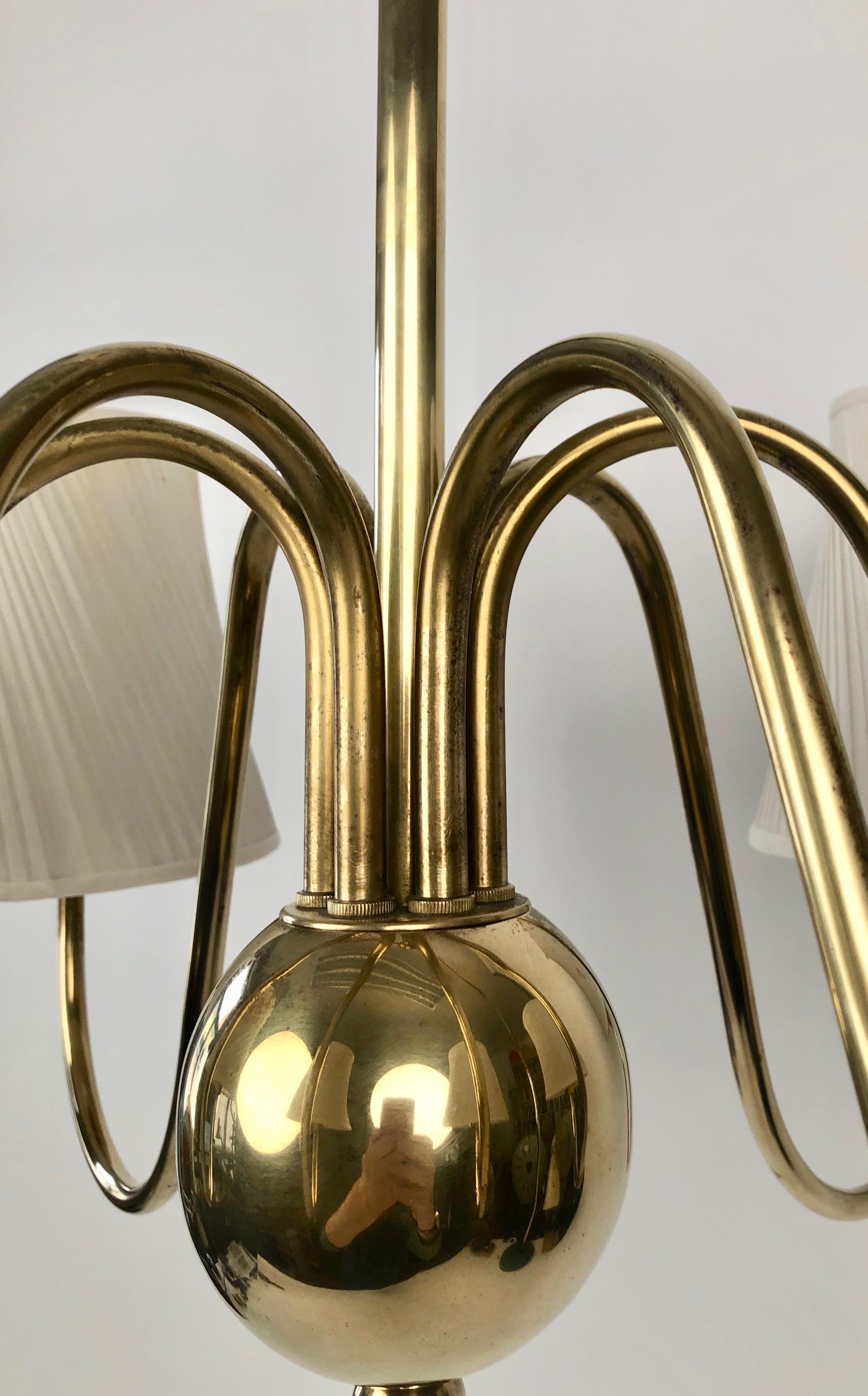 Polished Six Arm chandelier in Brass from Josef Frank with Silk Shades, made in Austria For Sale