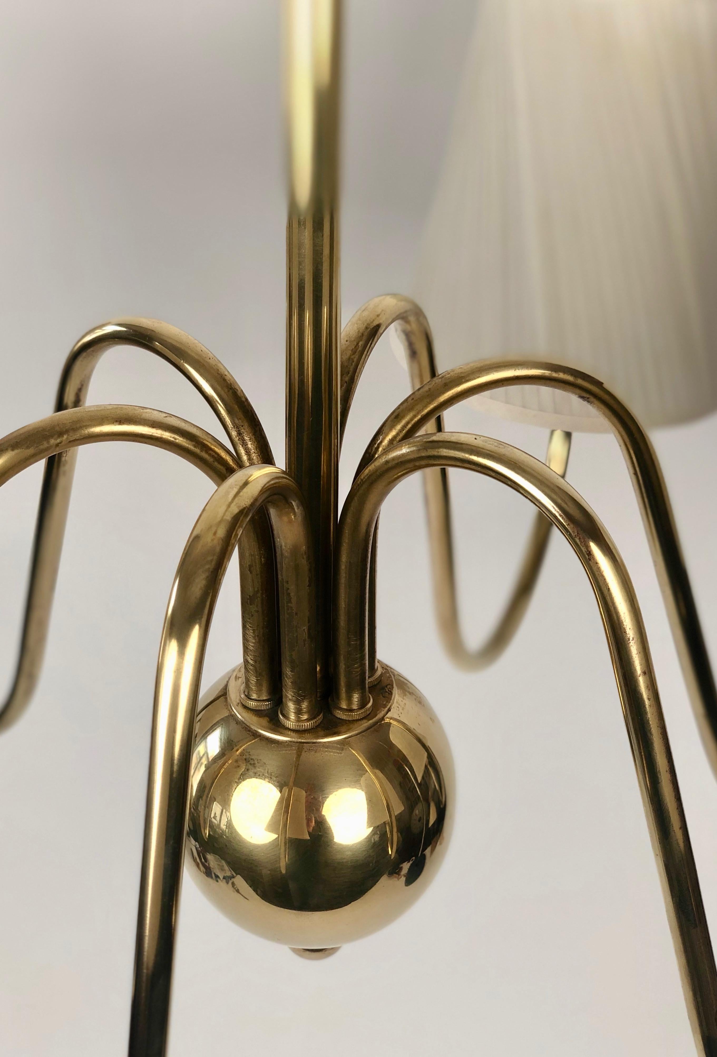 Mid-20th Century Six Arm chandelier in Brass from Josef Frank with Silk Shades, made in Austria For Sale