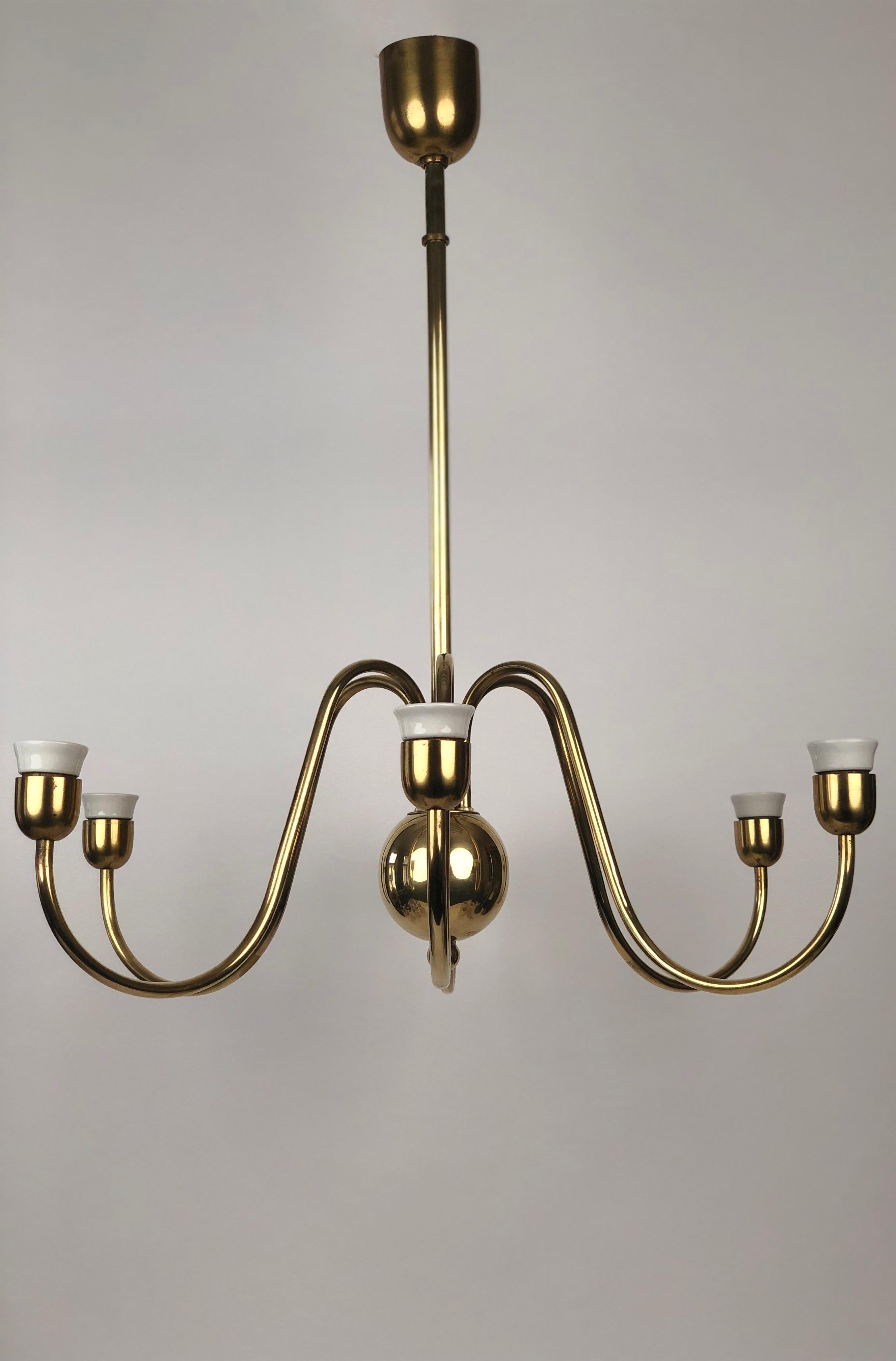 Six Arm chandelier in Brass from Josef Frank with Silk Shades, made in Austria For Sale 2
