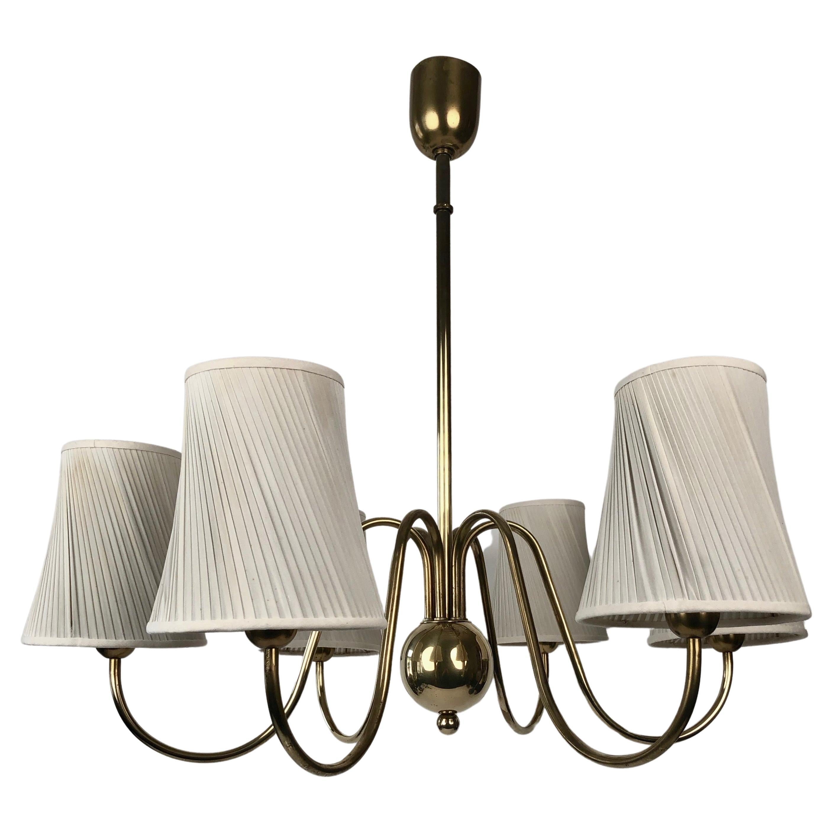 Six Arm chandelier in Brass from Josef Frank with Silk Shades, made in Austria For Sale