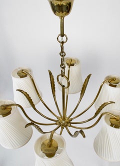 Six Arm Chandelier in Brass with Silk Shades from Josef Frank