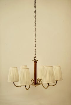 Six Arm Chandelier in Brassard Wood, 1930's, Vienna, Design by Oswald Haerdtl