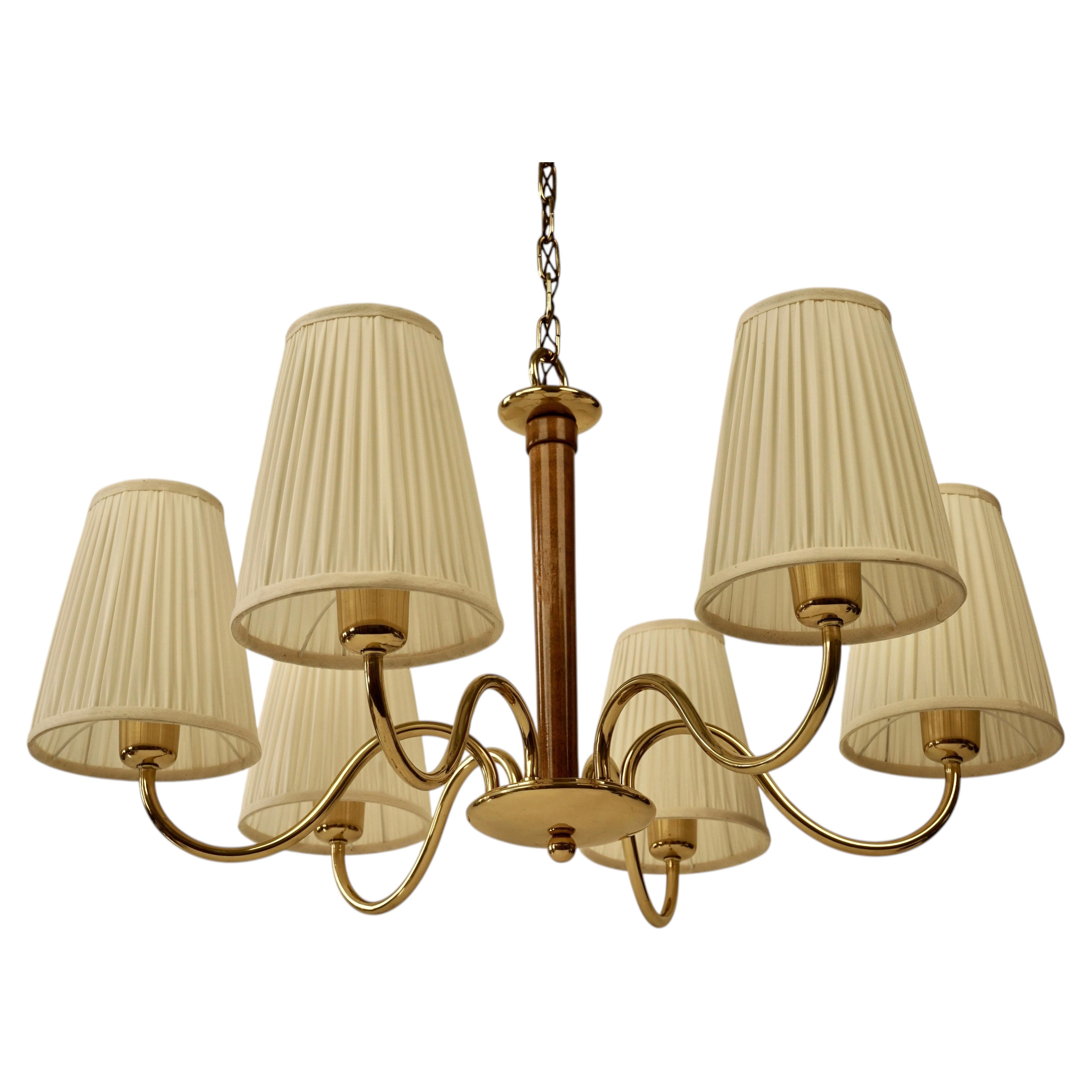 Six Arm Chandelier in Brassard Wood, 1930's, Vienna, Design by Oswald Haerdtl For Sale