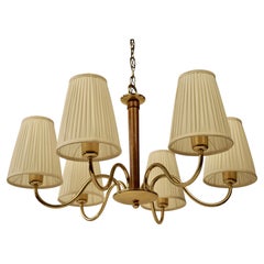 Six Arm Chandelier in Brassard Wood, 1930's, Vienna, Design by Oswald Haerdtl