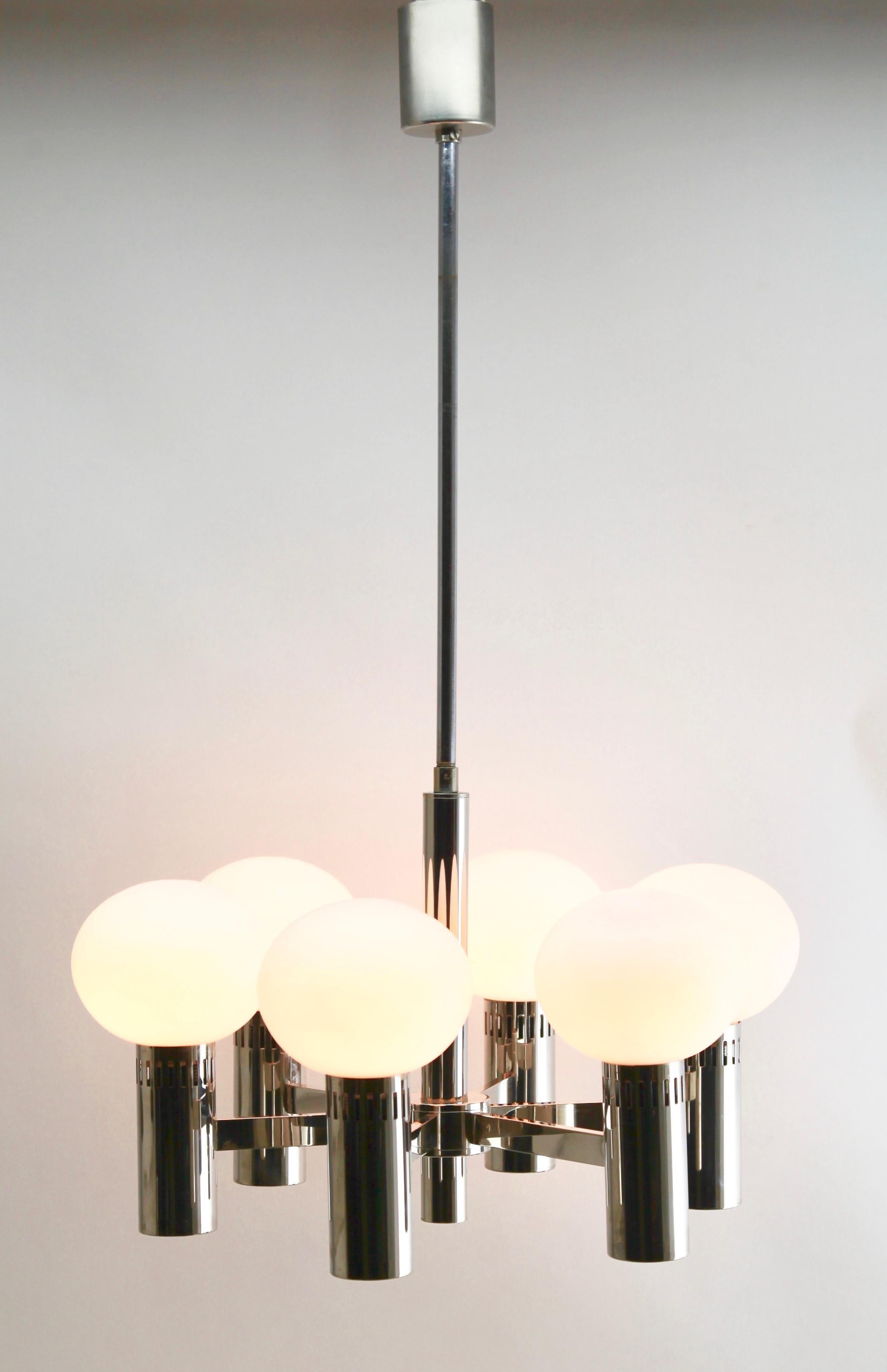 Hand-Crafted Six-Arm Chrome and Opaline Glass Chandelier, Sciolari Style, 1960s