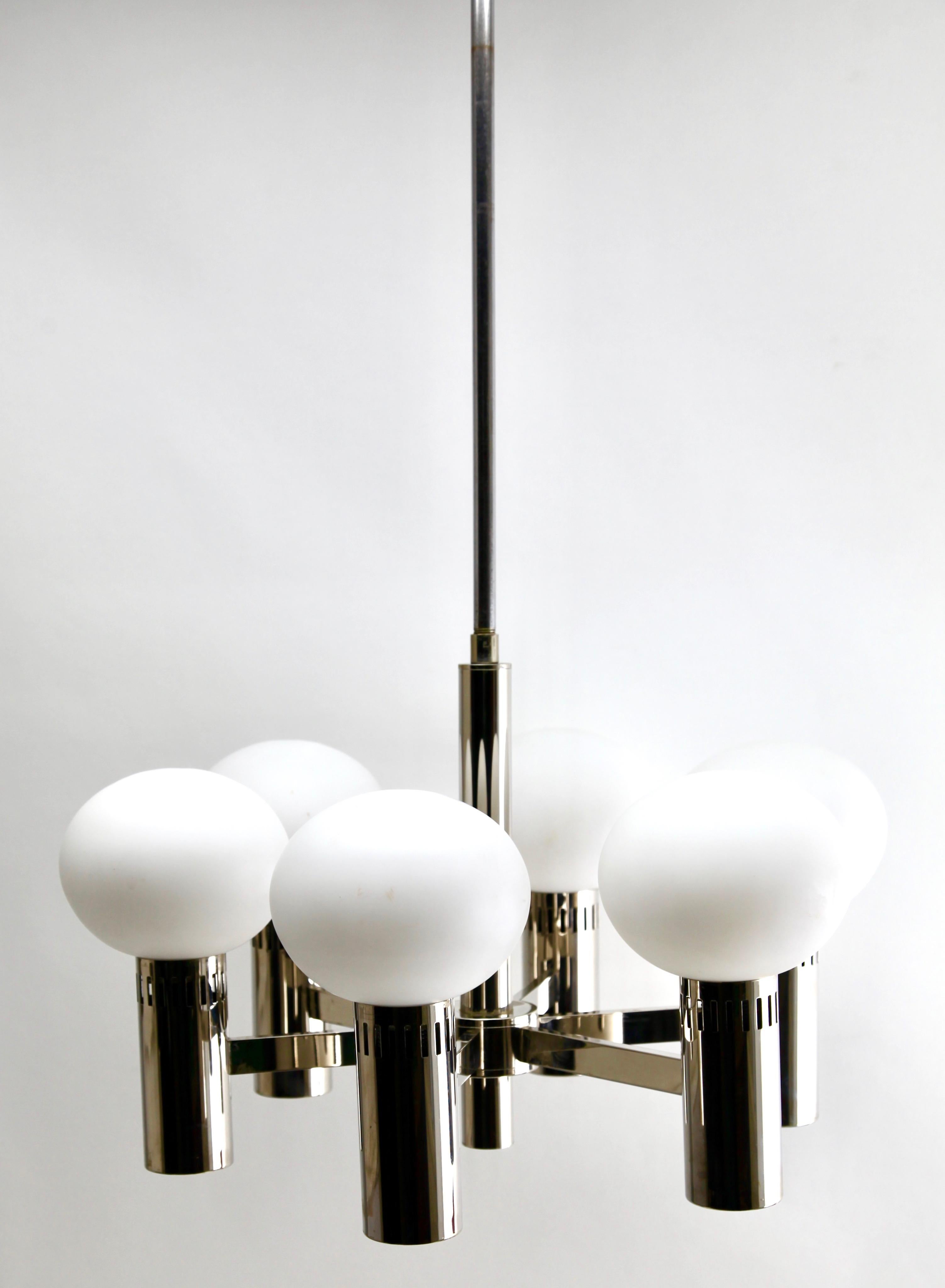 Six-Arm Chrome and Opaline Glass Chandelier, Sciolari Style, 1960s In Good Condition In Verviers, BE