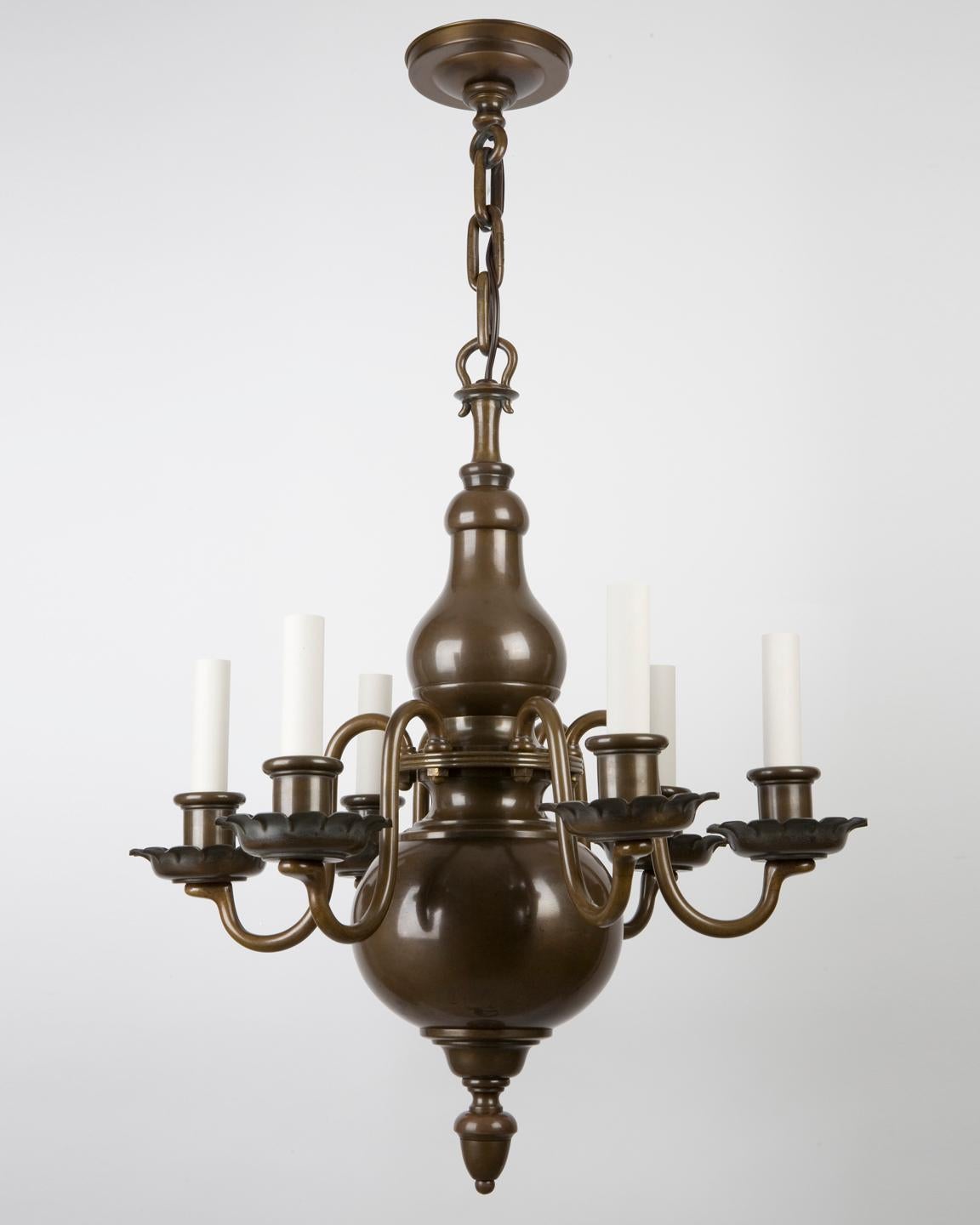 Dutch Colonial Six-Arm Dark Brass Flemish Style Chandelier by the Edward F. Caldwell Co. 1920s For Sale