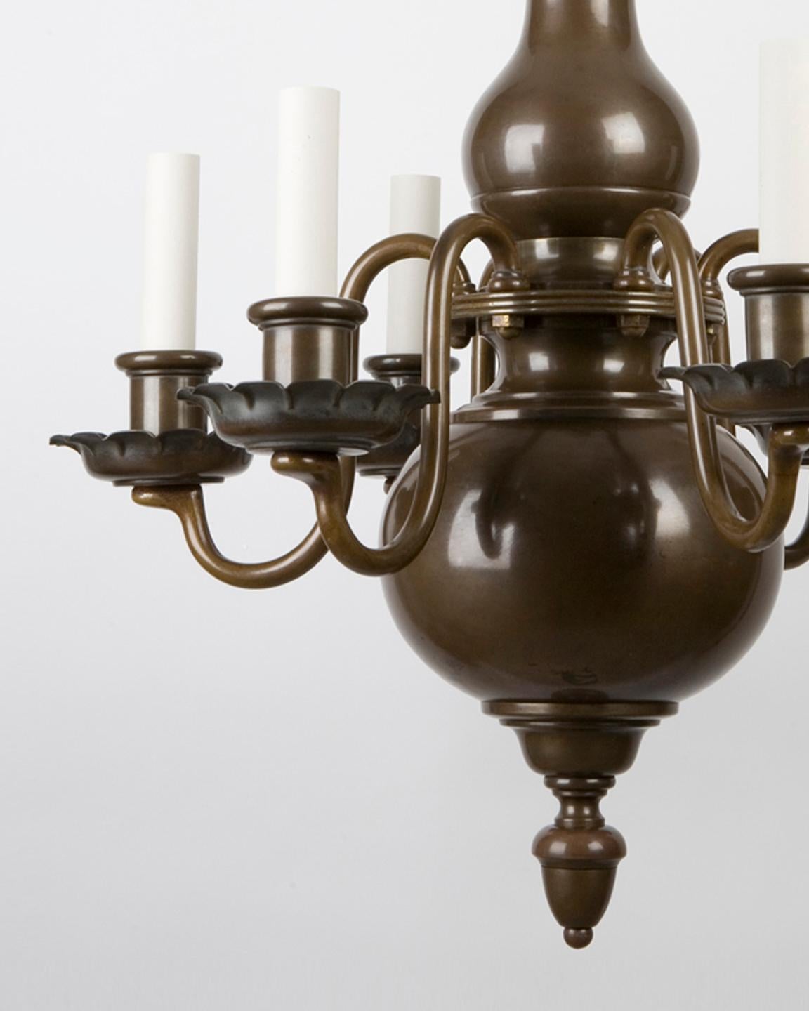 American Six-Arm Dark Brass Flemish Style Chandelier by the Edward F. Caldwell Co. 1920s For Sale