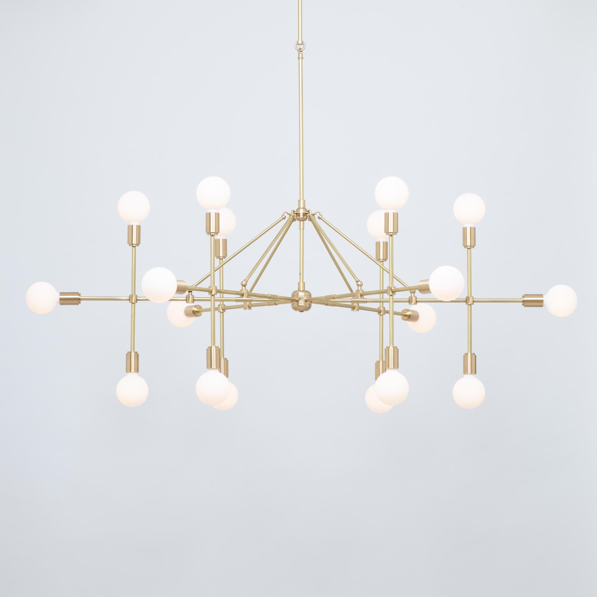 Six Arm Lobby Chandelier
Timeless Art Deco
Solid Brass, Satin Finished, Lacquered 
Eighteen Tala Sphere III Dim to Warm Bulbs.
2000K - 2800K  95CRI
10,800 Dim to Warm Lumens 
Large ø164cm Chandelier
Custom Options and Finishes available on