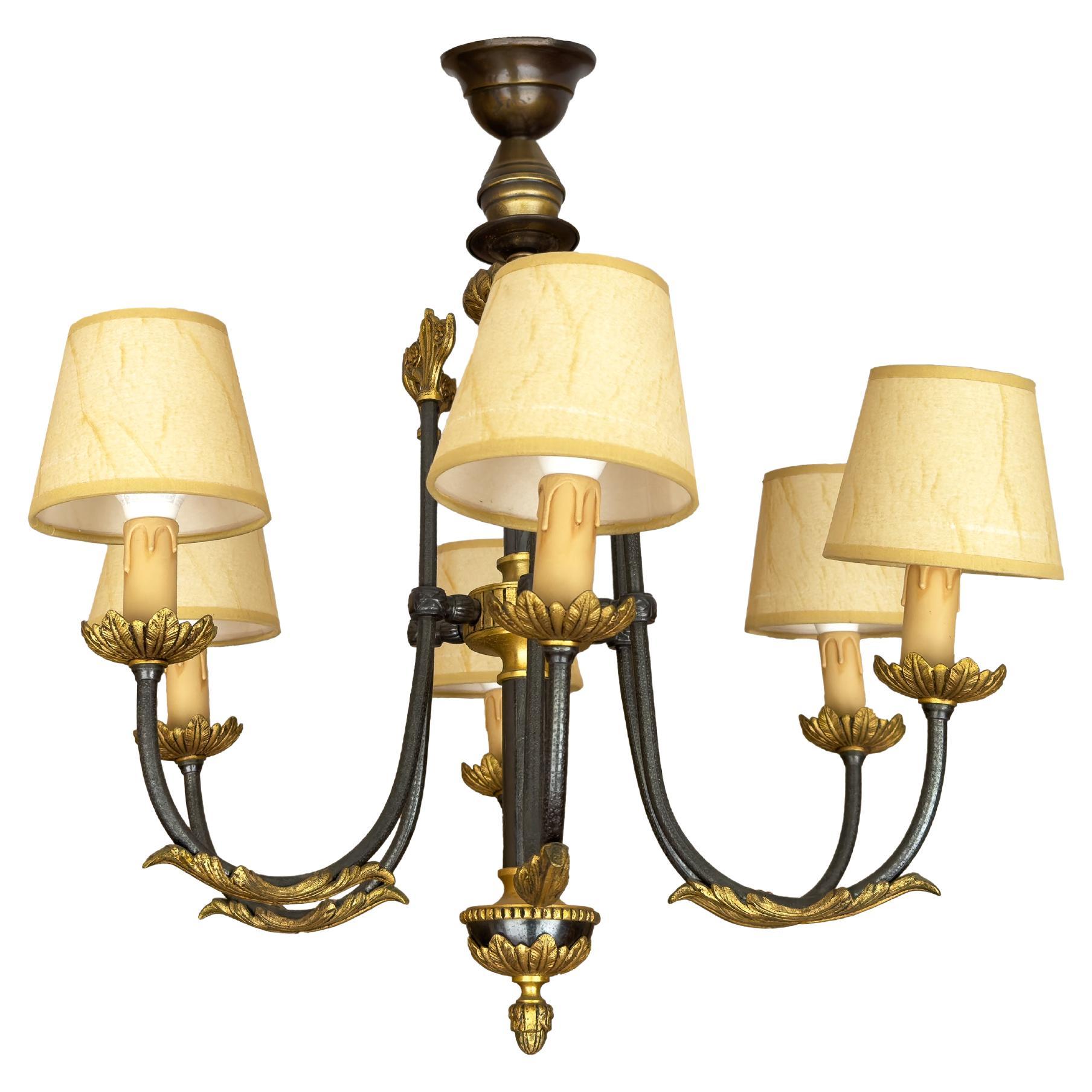 Six-Arm Gilded Bronze Chandelier, 1900s