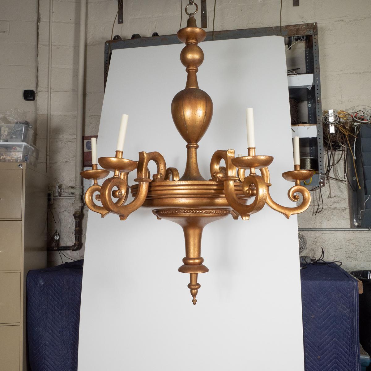 Mid-Century Modern Six-Arm Giltwood Chandelier For Sale