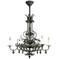 Six-Arm Griffon Chandelier with Patina