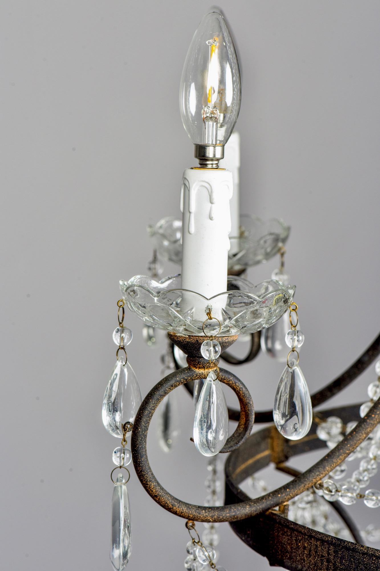 English Six-Arm Iron and Crystal Chandelier