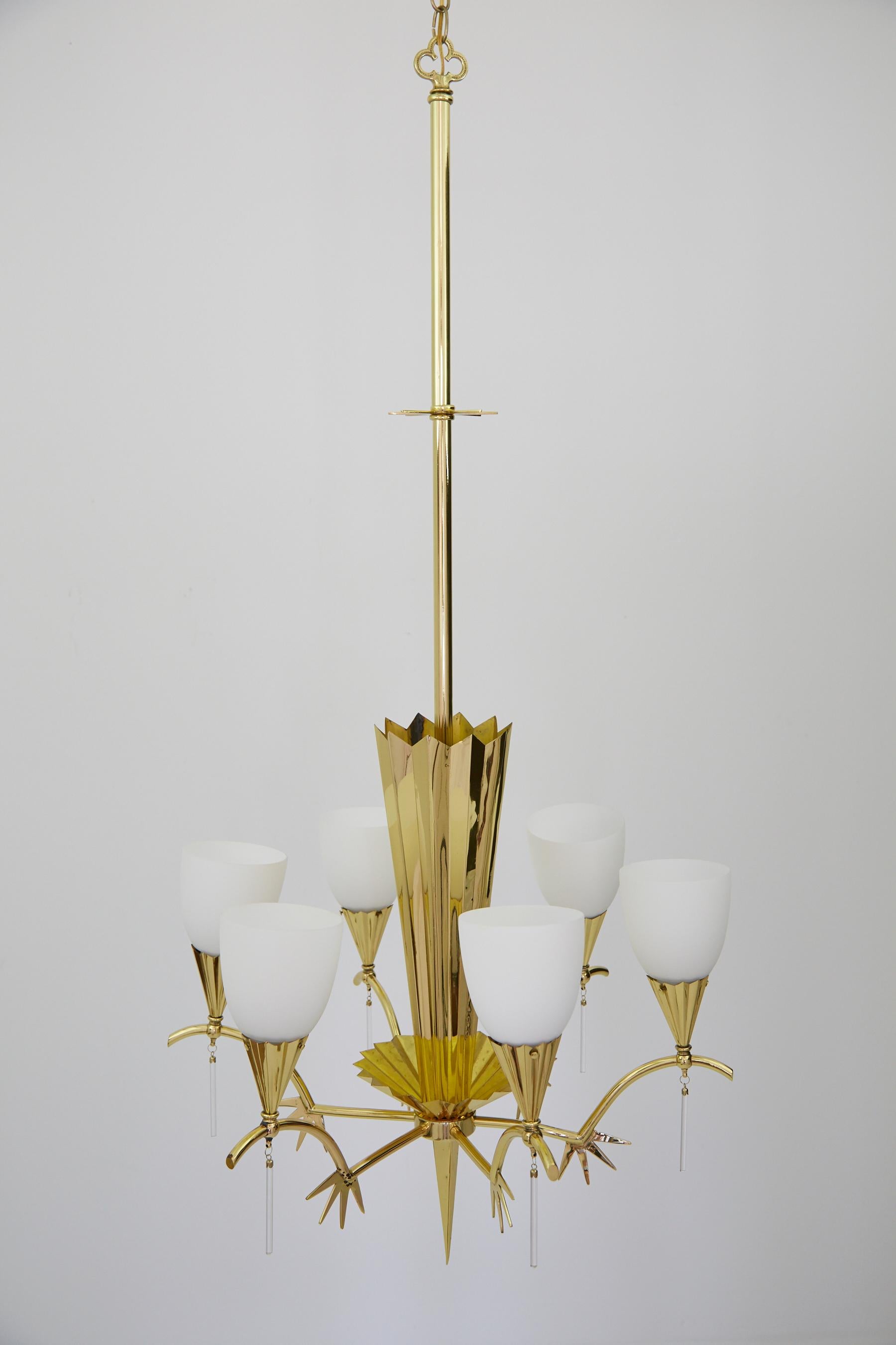 Six-Arm Italian Brass Chandelier with Decorative Spikes, 1940s For Sale 11