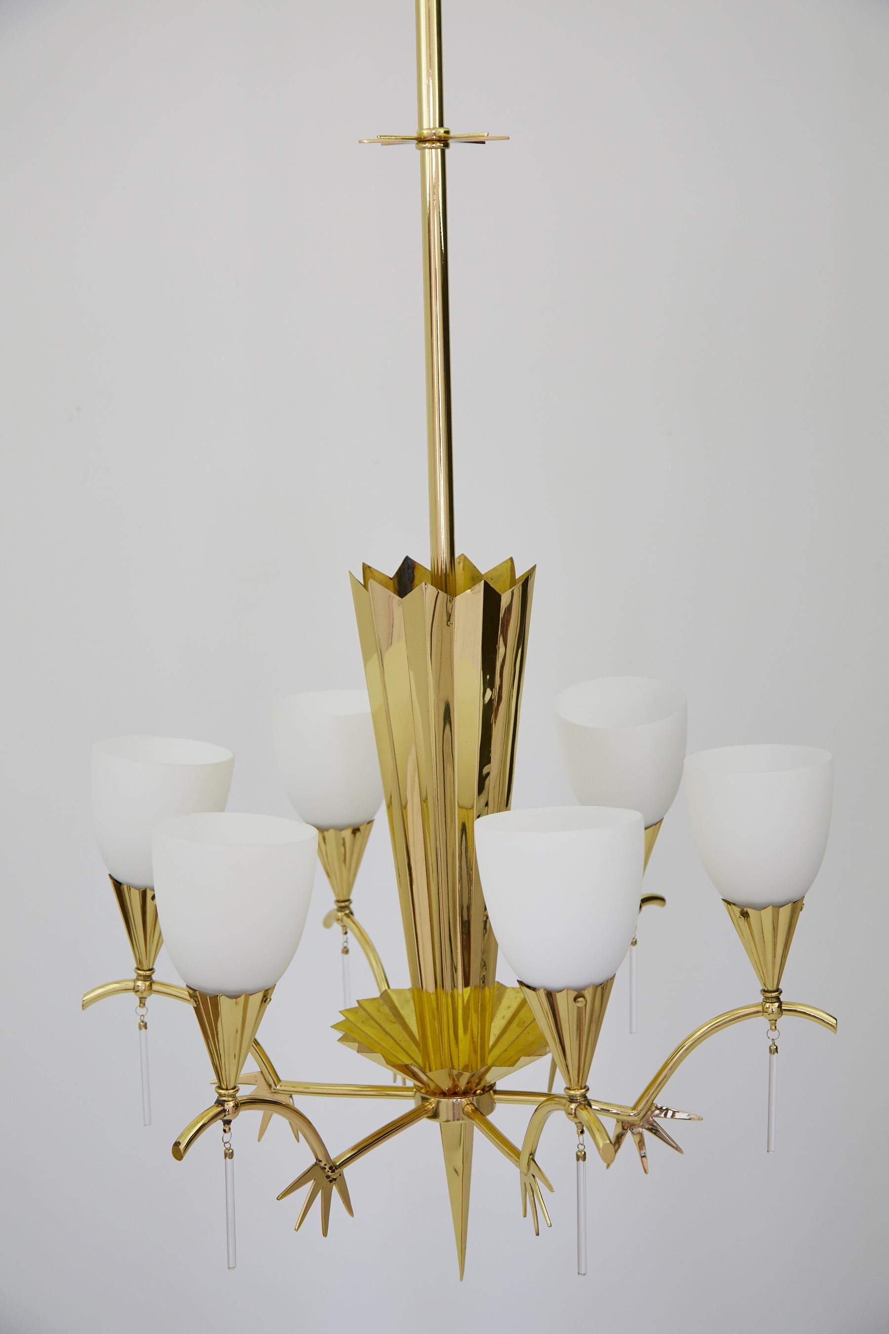 Six-Arm Italian Brass Chandelier with Decorative Spikes, 1940s For Sale 12