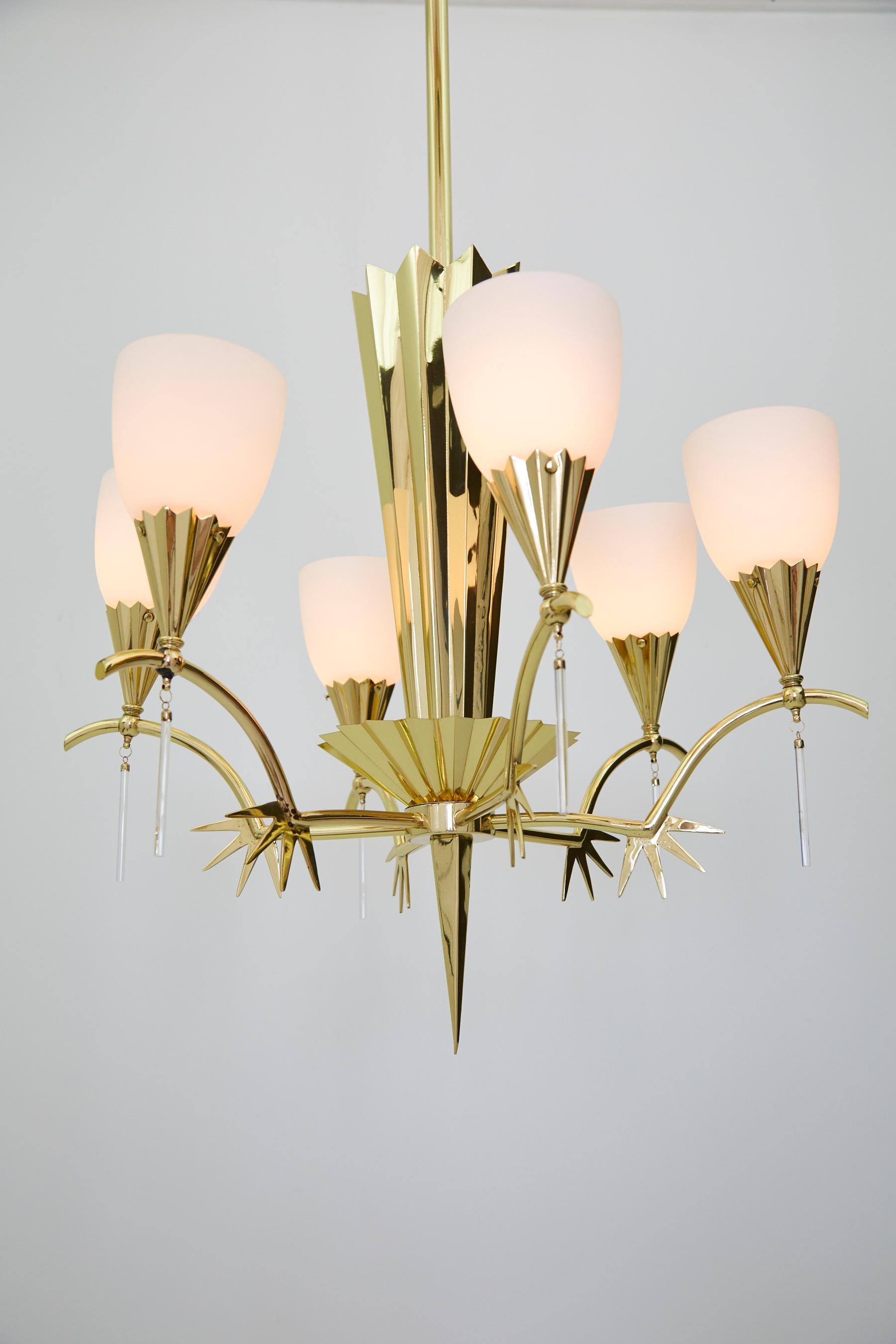 Six-Arm Italian Brass Chandelier with Decorative Spikes, 1940s For Sale 14