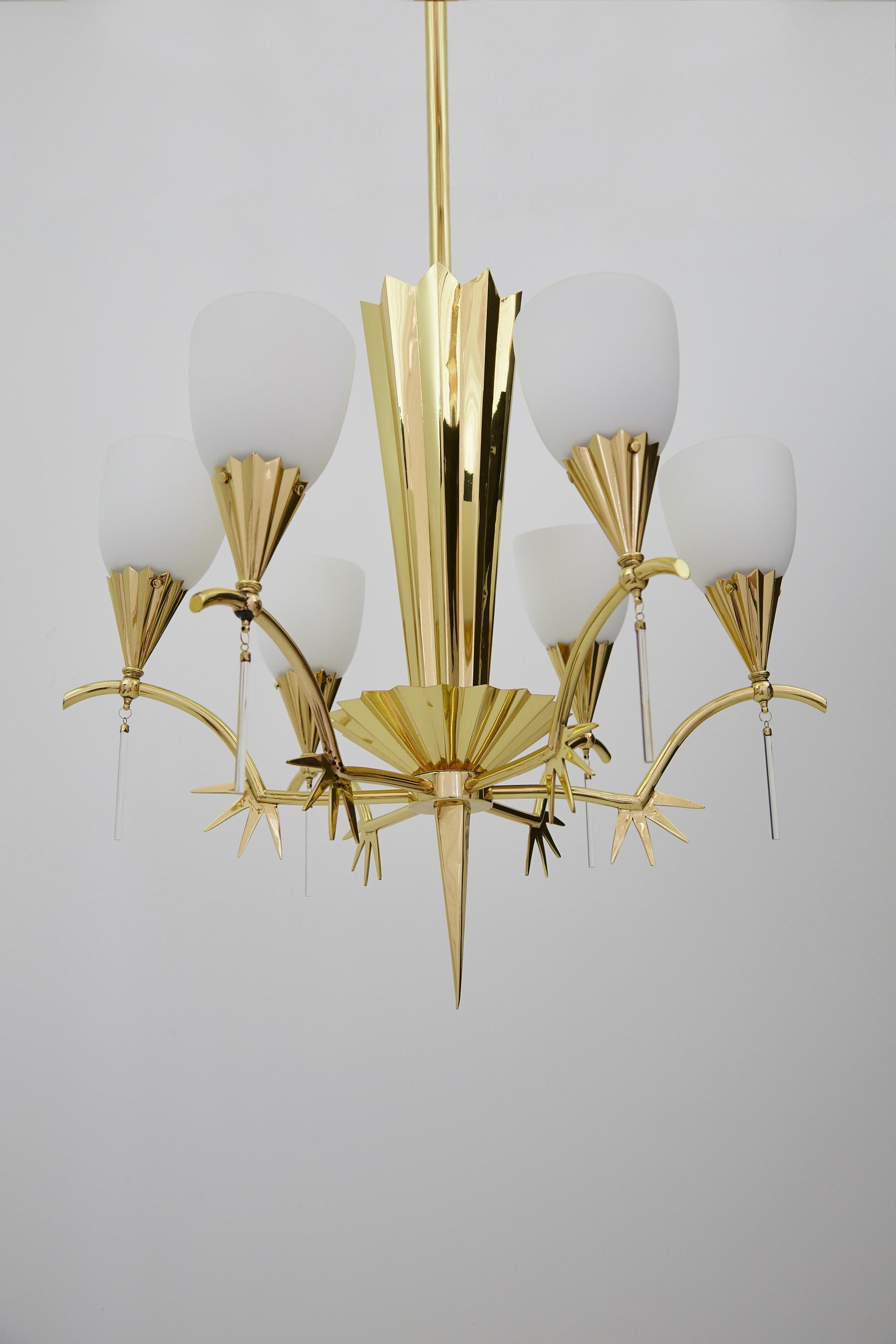 Mid-Century Modern Six-Arm Italian Brass Chandelier with Decorative Spikes, 1940s For Sale