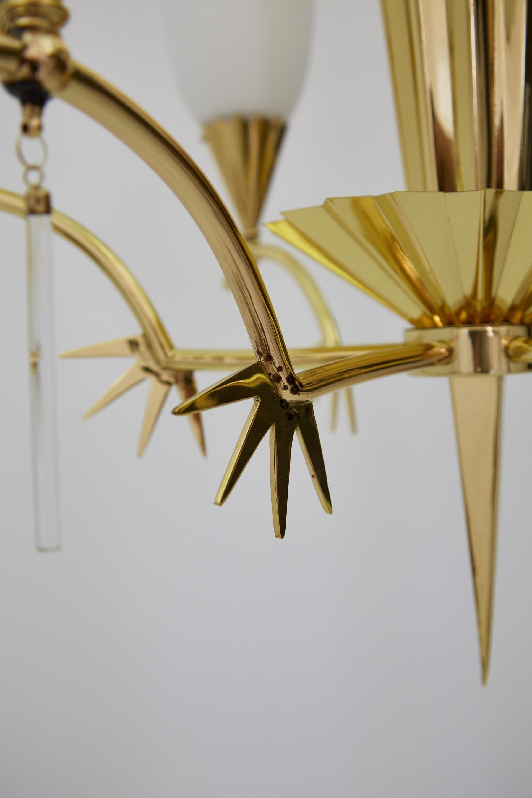 Frosted Six-Arm Italian Brass Chandelier with Decorative Spikes, 1940s For Sale