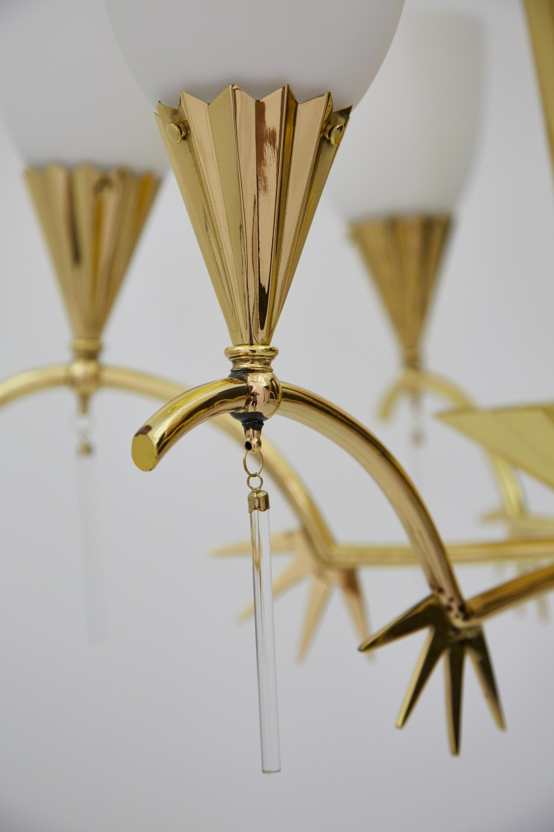 Mid-20th Century Six-Arm Italian Brass Chandelier with Decorative Spikes, 1940s For Sale