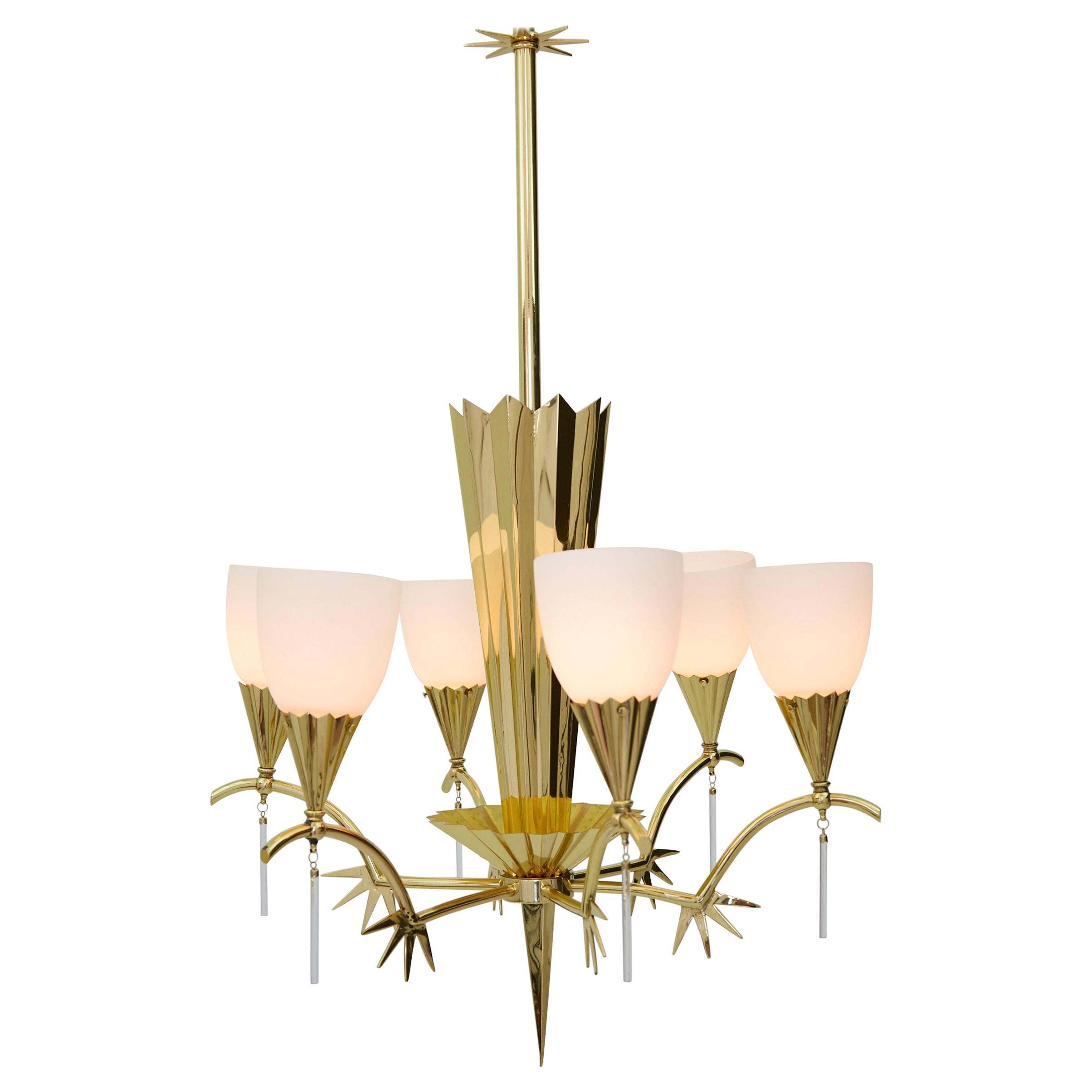 Six-Arm Italian Brass Chandelier with Decorative Spikes, 1940s For Sale