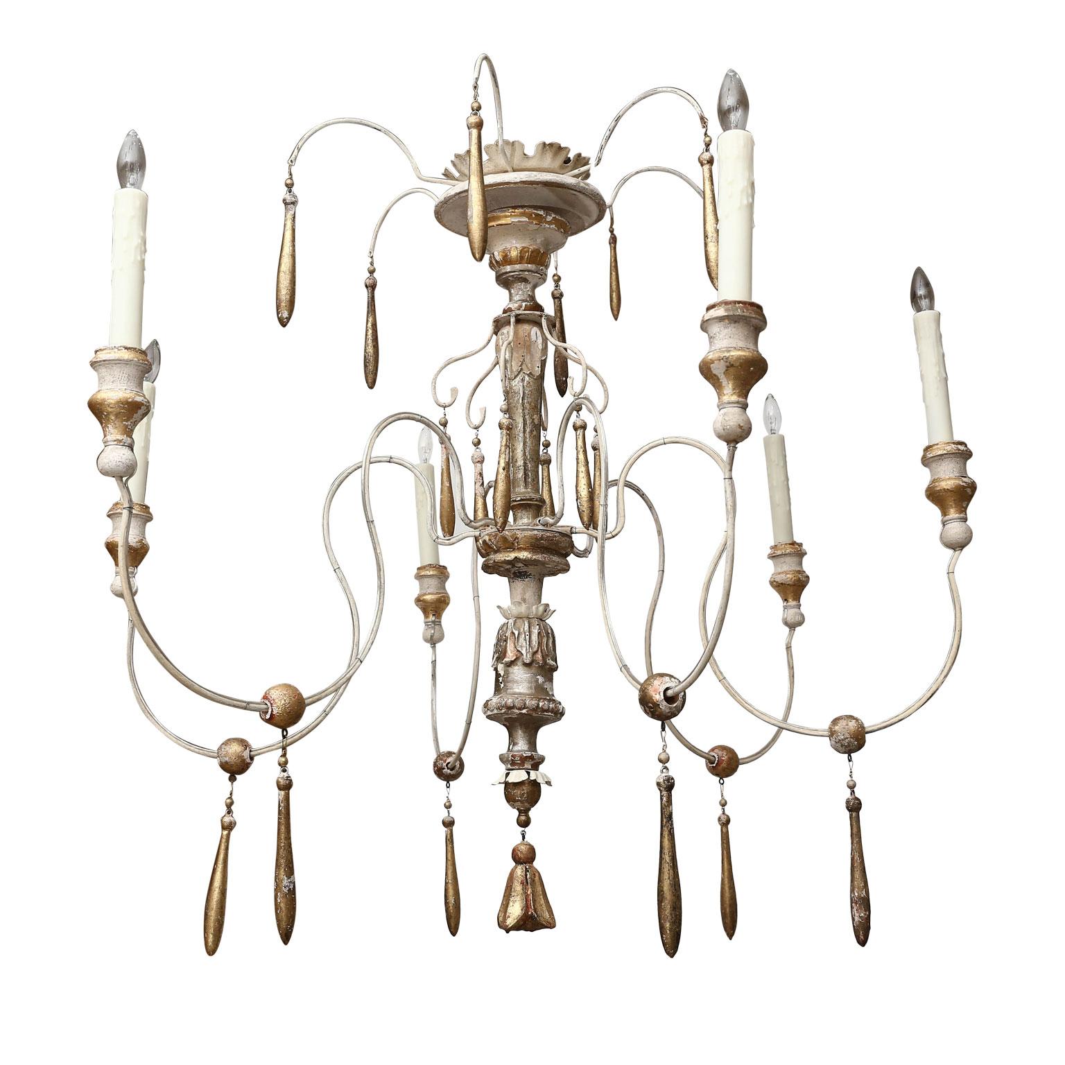 Six-arm Italian chandelier, newly constructed from 18th century and later elements. Newly wired, using all UL listed parts, for use within the USA. Lights use candelabras-size bulbs. Includes chain and a canopy (listed height does not include chain).