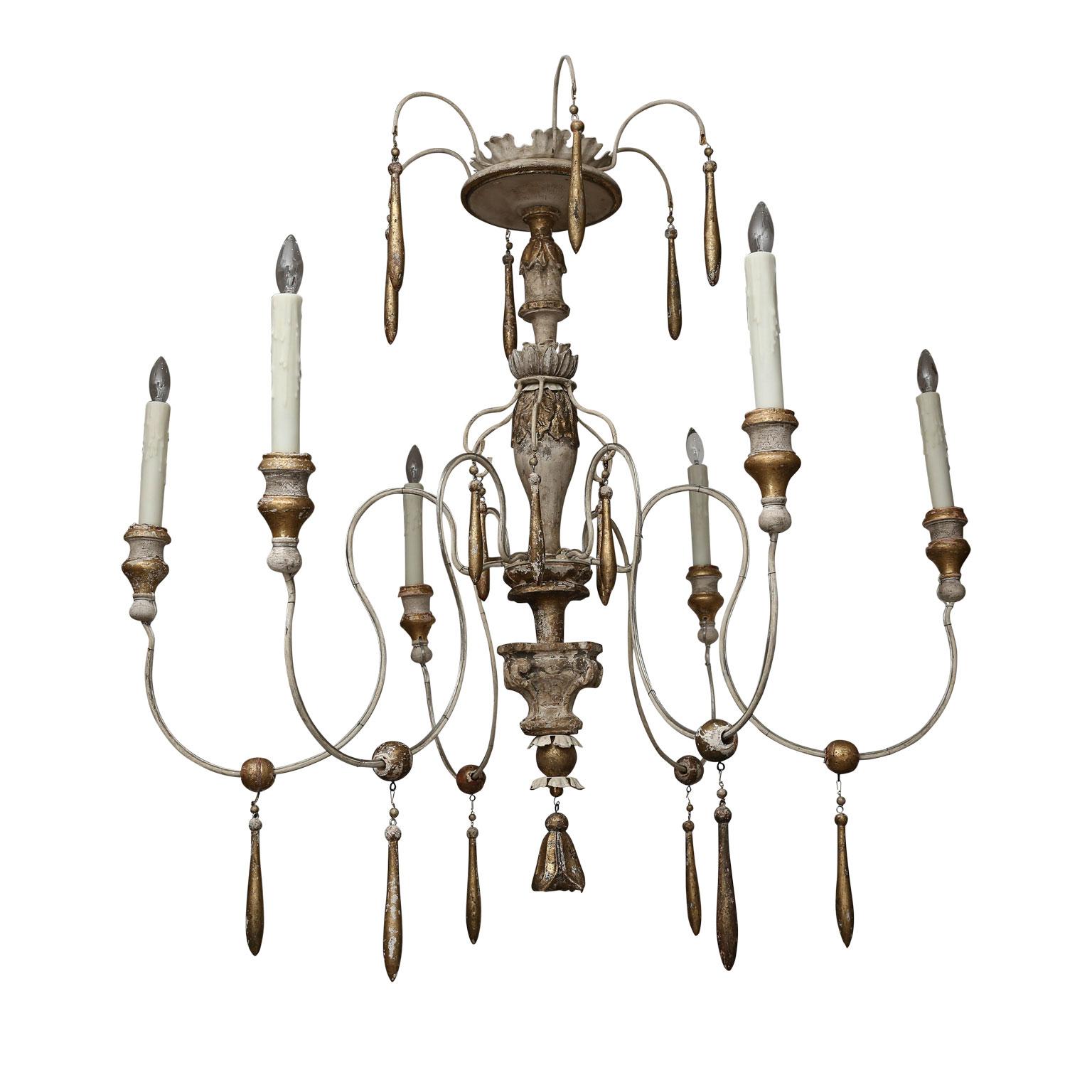 Six-arm Italian chandelier, newly constructed from 18th century and later elements. Newly wired, using all UL listed parts, for use within the USA. Lights use candelabra-size bulbs. Includes chain and a canopy (listed height does not include chain).
