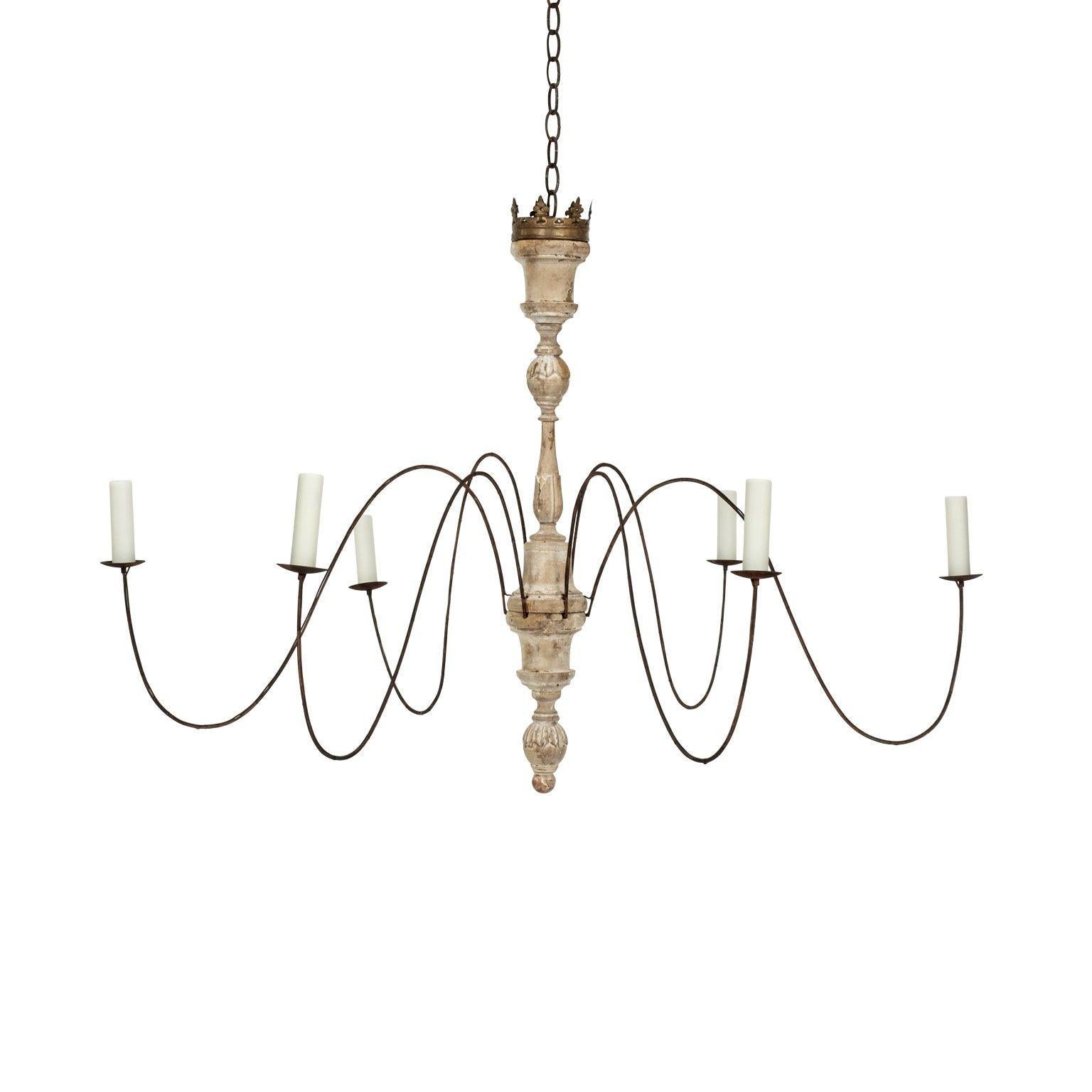 Six-arm Italian chandelier from antique hand-carved elements. Retains remnants of original gesso and some gilding. Newly wired for use within the USA. Includes four feet of chain and a canopy (listed height does not include the chain).