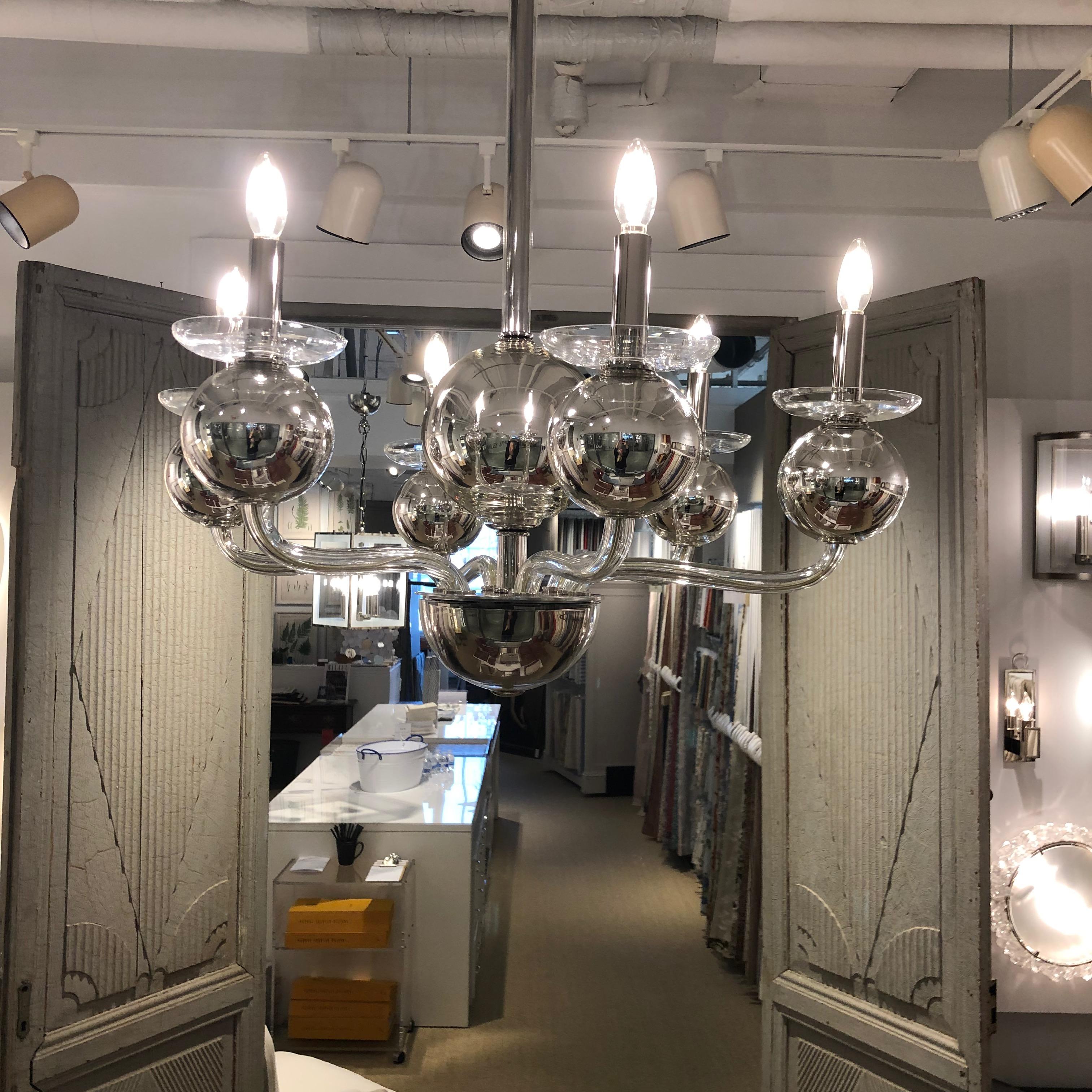 Six-Arm Silvered Glass Chandelier In New Condition For Sale In Boston, MA