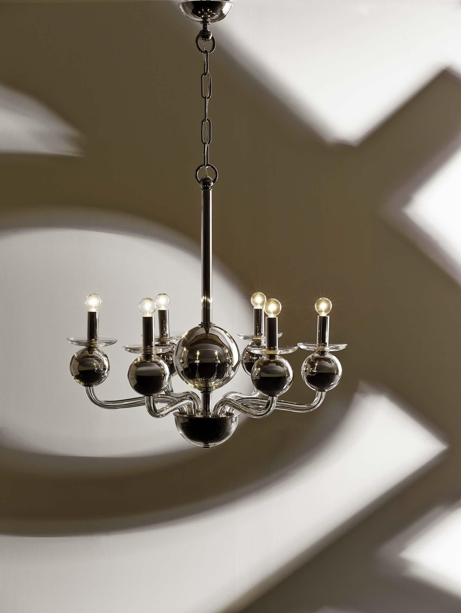 Contemporary Six-Arm Silvered Glass Chandelier For Sale