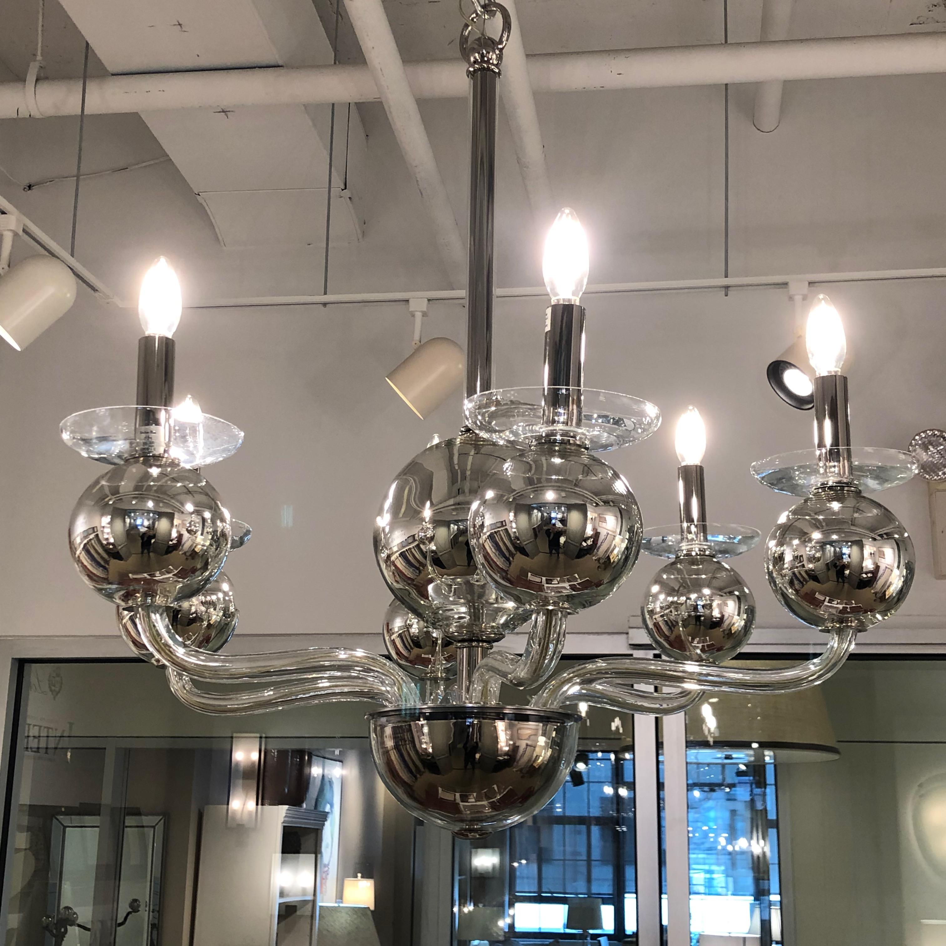 Six-Arm Silvered Glass Chandelier For Sale 4