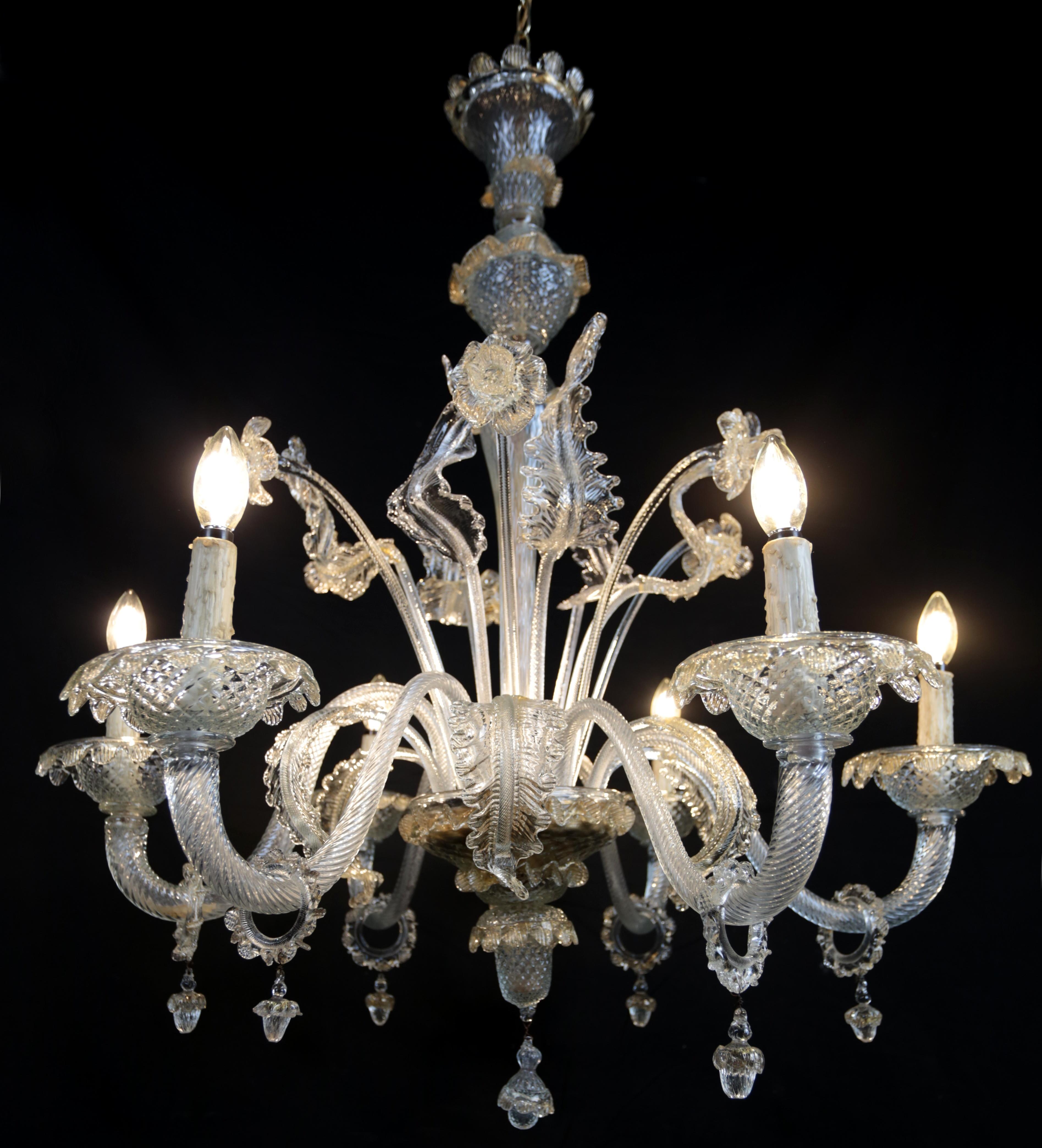 Six-arm Venetian Murano chandelier. Restored For Sale 2