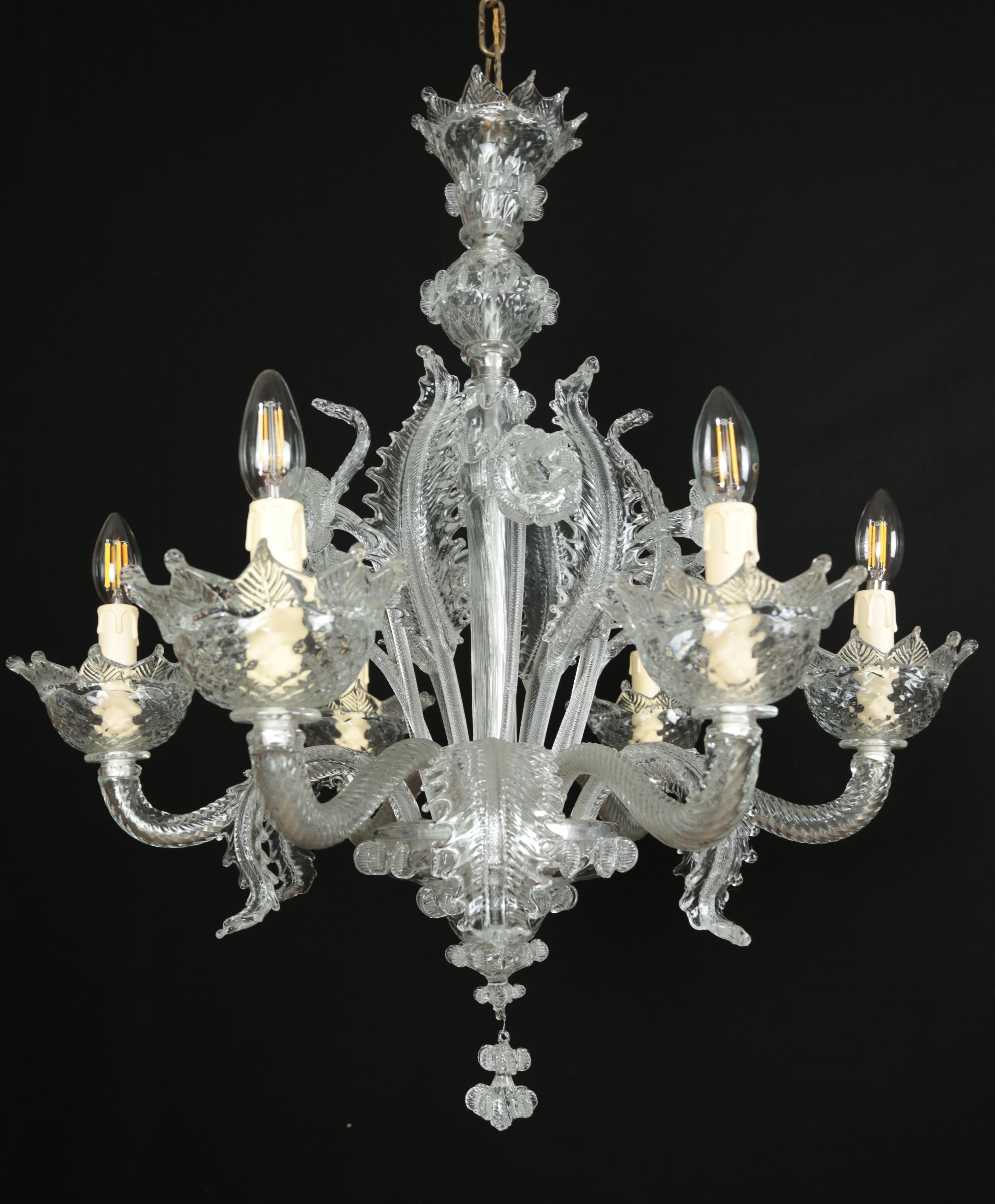 Six-arm Venetian Murano chandelier. Restored For Sale 3