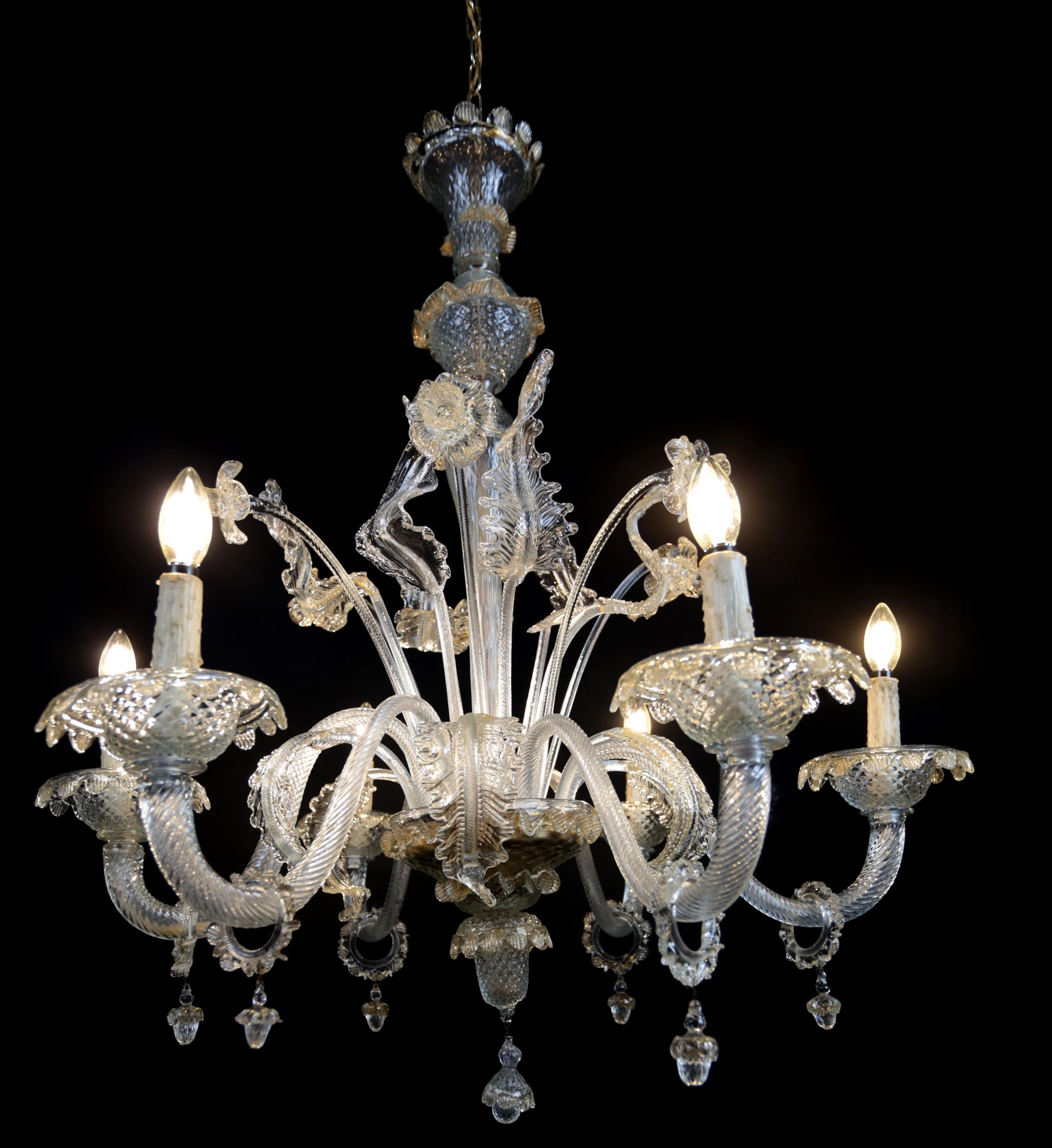 Six-arm Venetian Murano chandelier. Restored

Beautiful Venetian Murano chandelier with floral decoration. Detailed leaves and flowers. The chandelier has new wiring and a new power cable. Very good condition with no broken pieces. The chandelier is