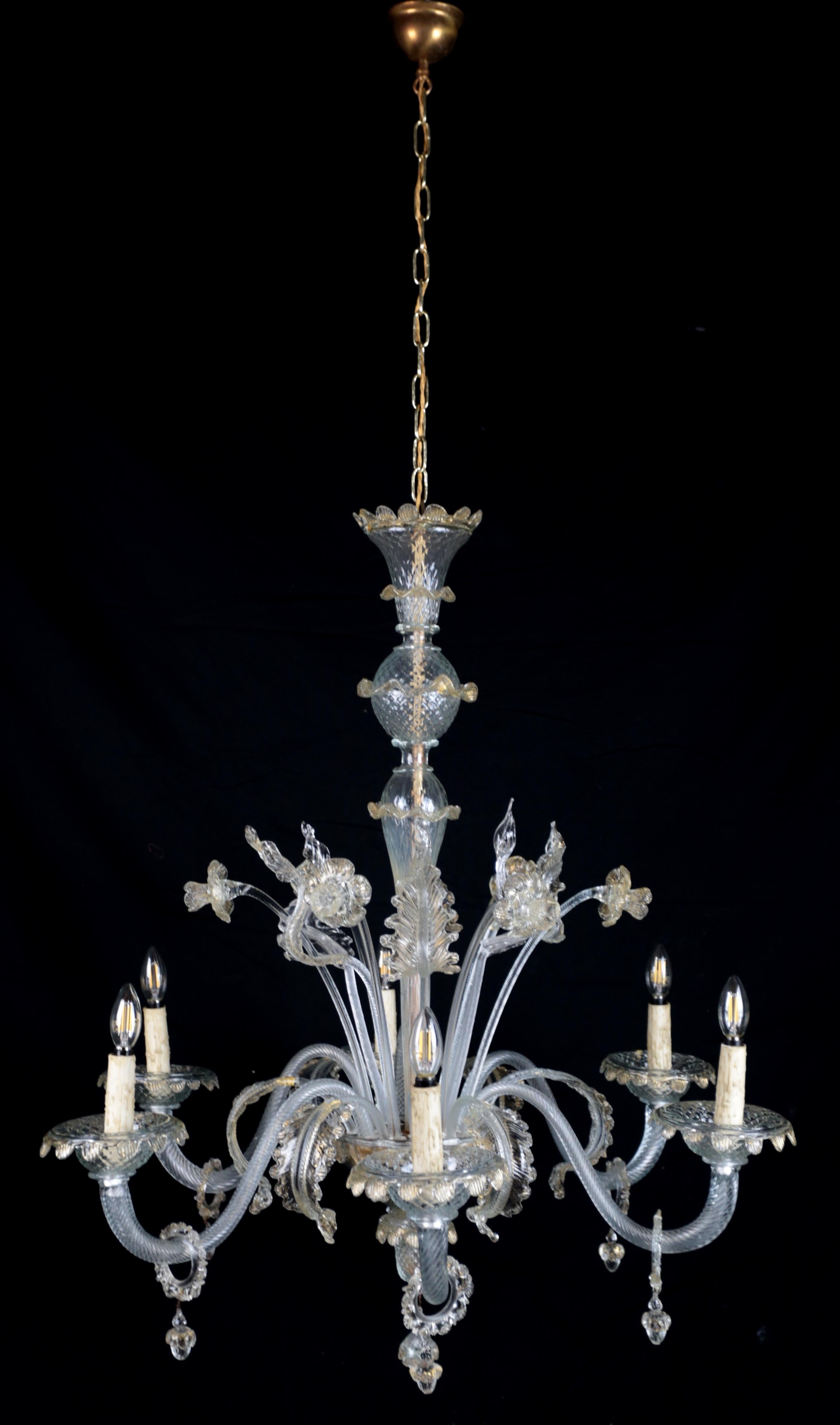 Rococo Six-arm Venetian Murano chandelier. Restored For Sale