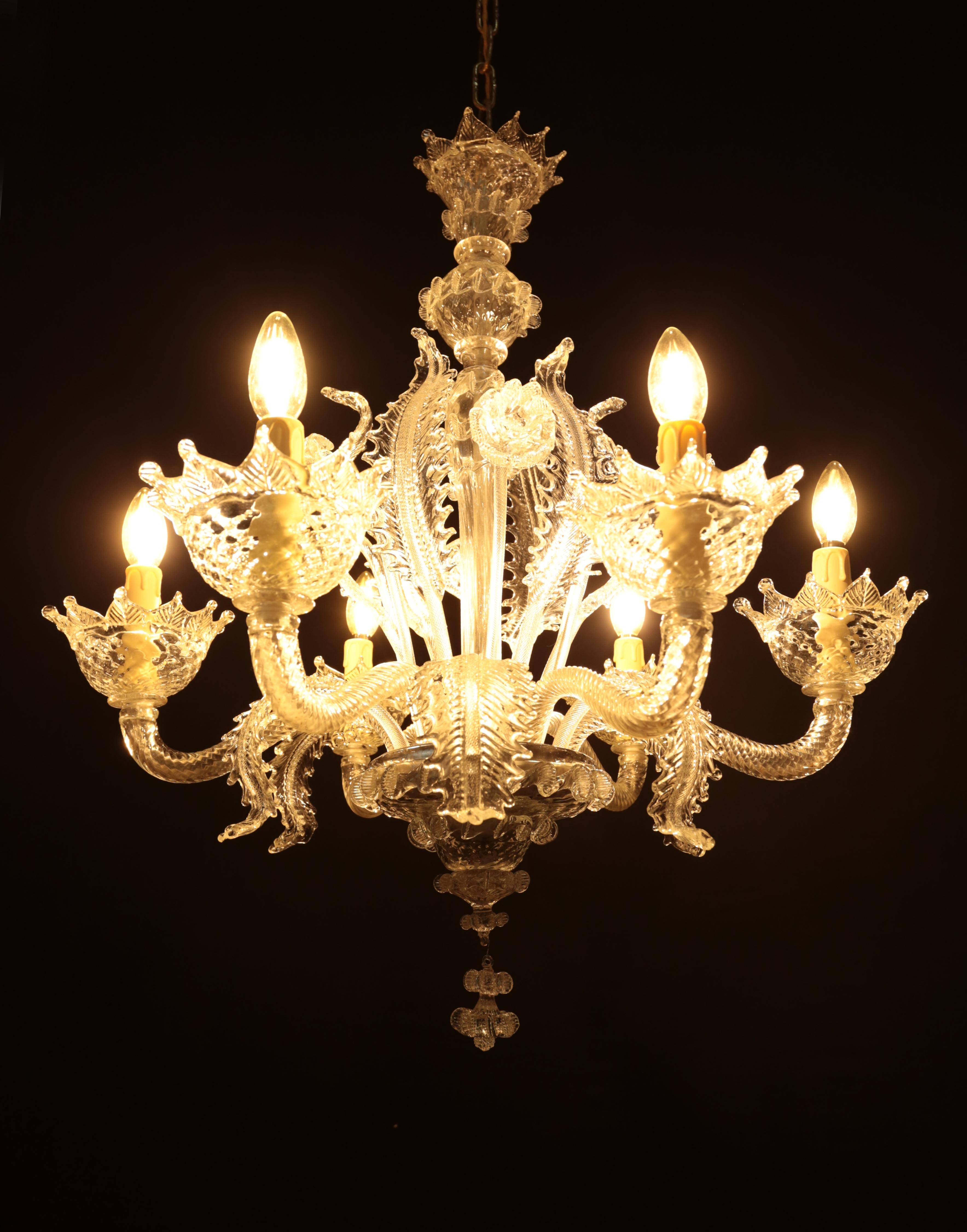 Rococo Six-arm Venetian Murano chandelier. Restored For Sale