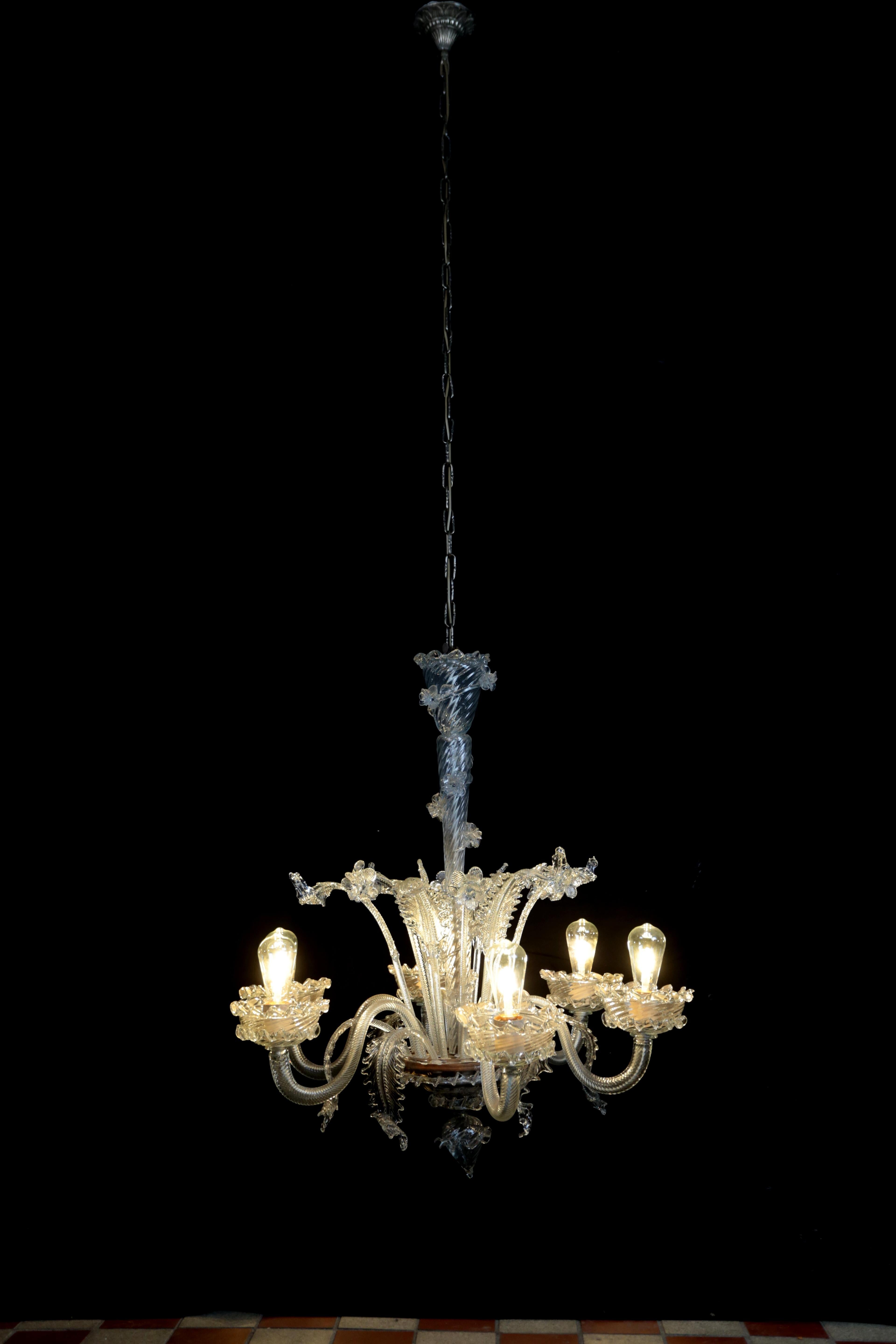 Italian Six-arm Venetian Murano chandelier. Restored For Sale