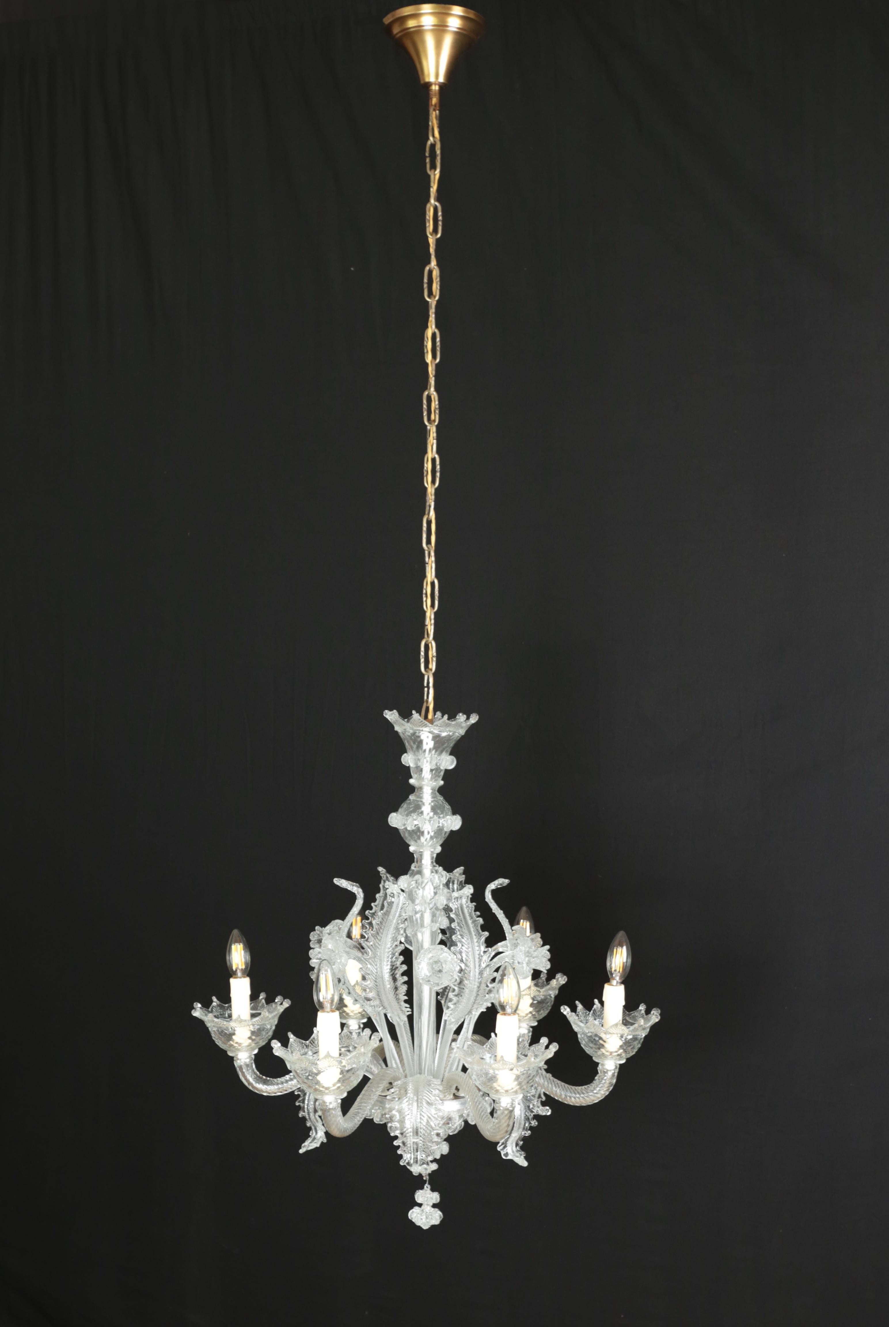 Italian Six-arm Venetian Murano chandelier. Restored For Sale