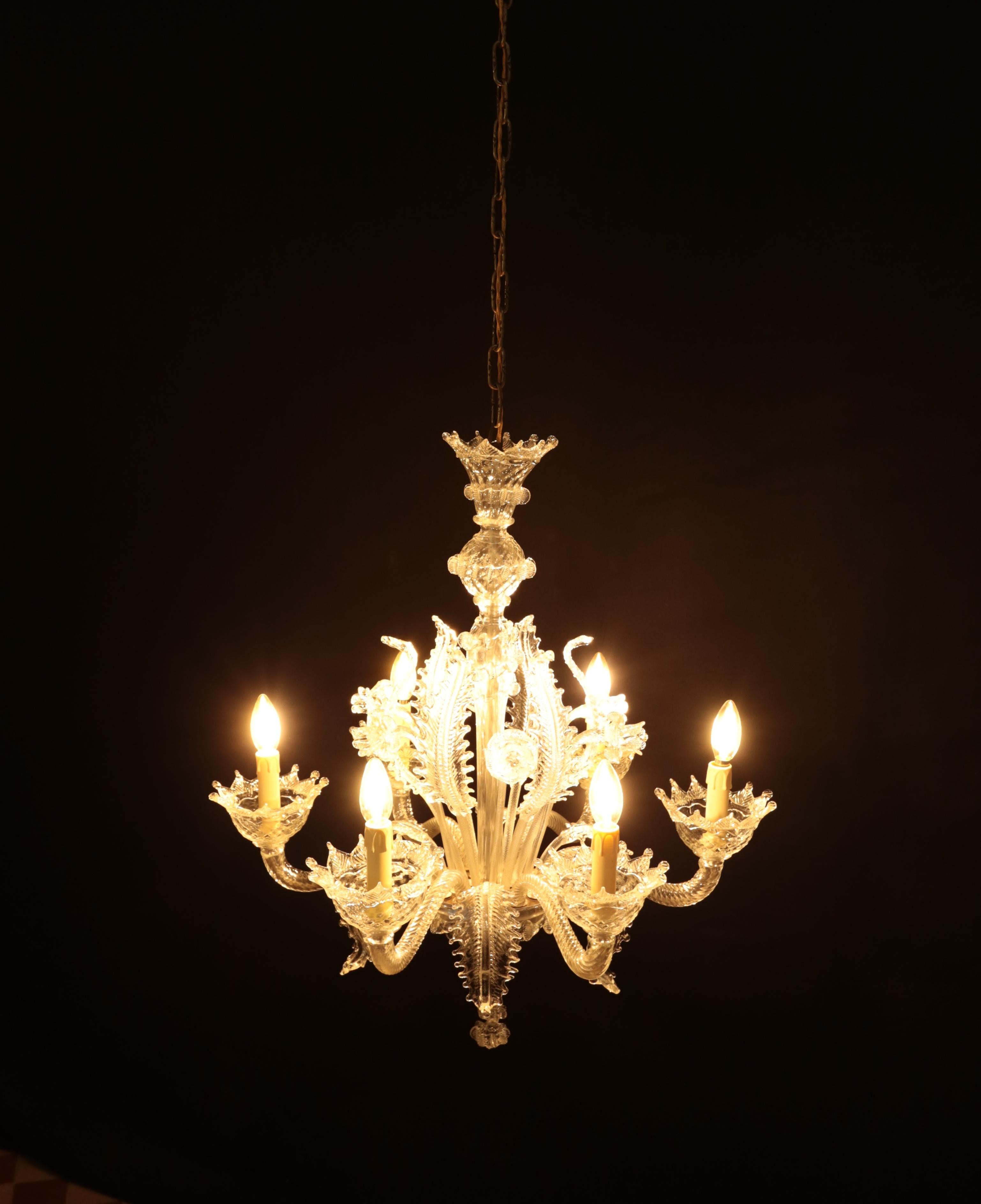 Hand-Crafted Six-arm Venetian Murano chandelier. Restored For Sale