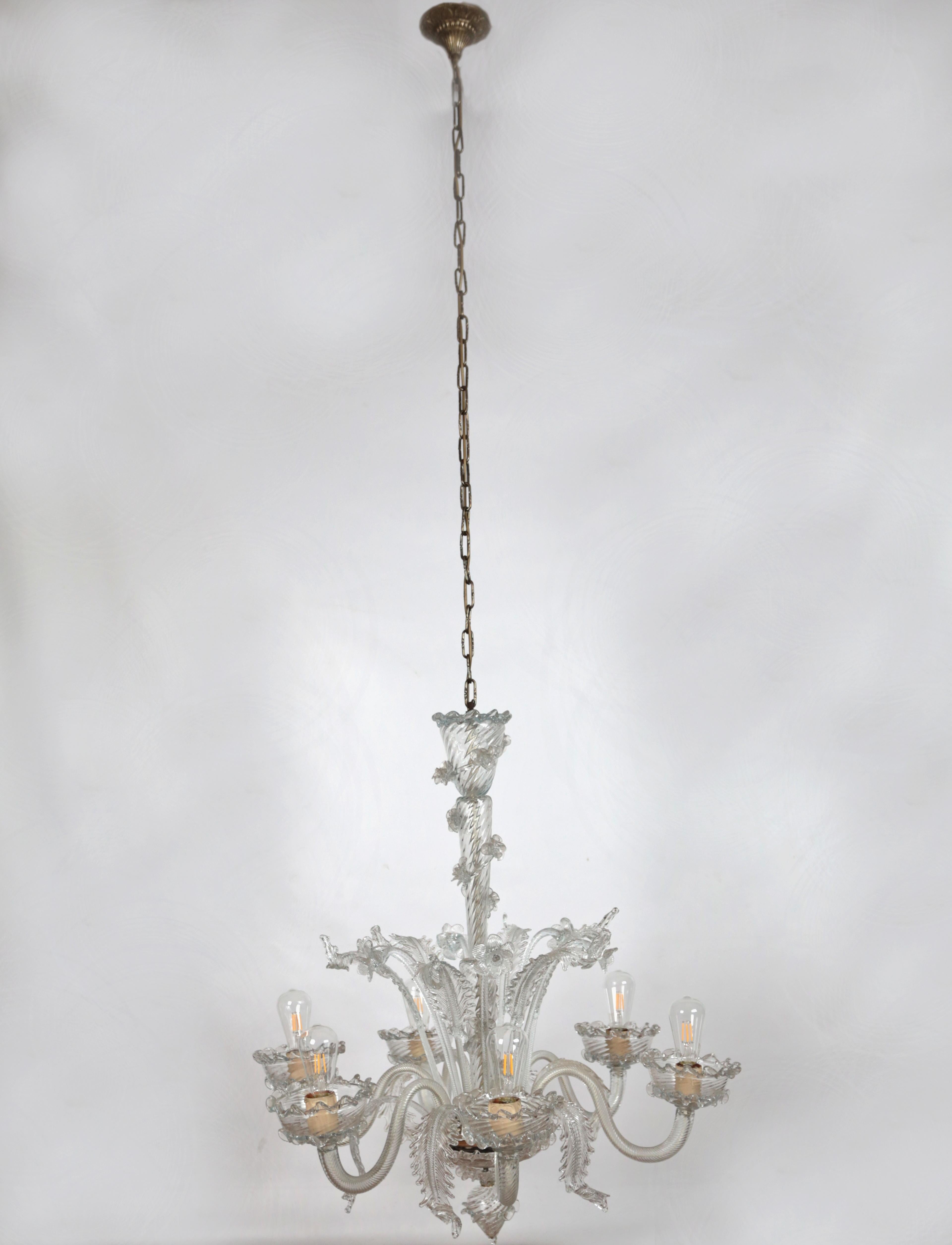 Mid-20th Century Six-arm Venetian Murano chandelier. Restored For Sale