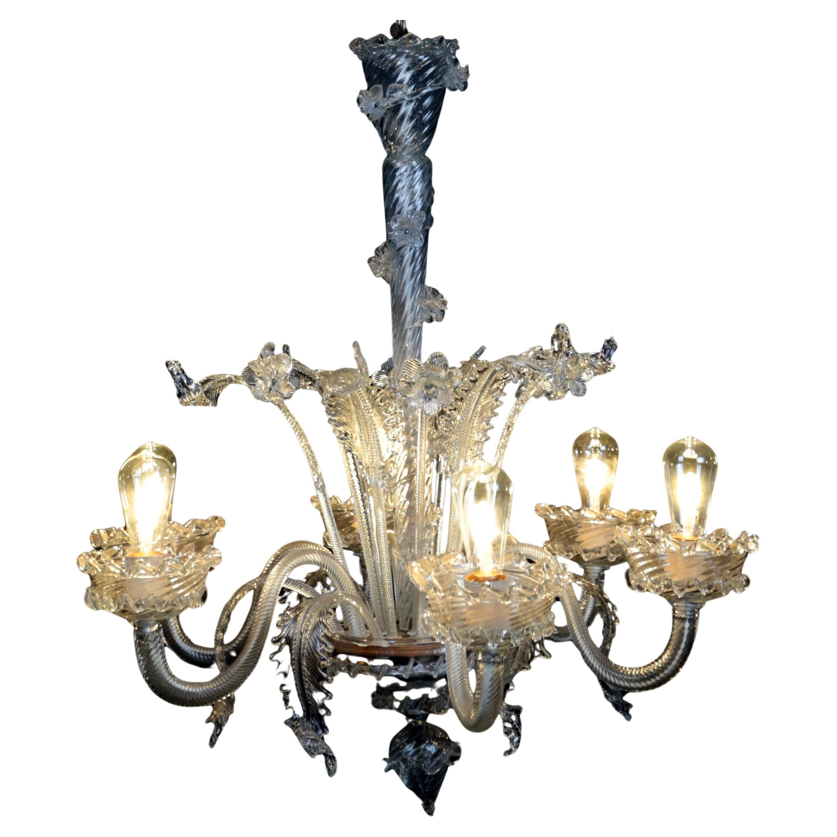 Six-arm Venetian Murano chandelier. Restored For Sale