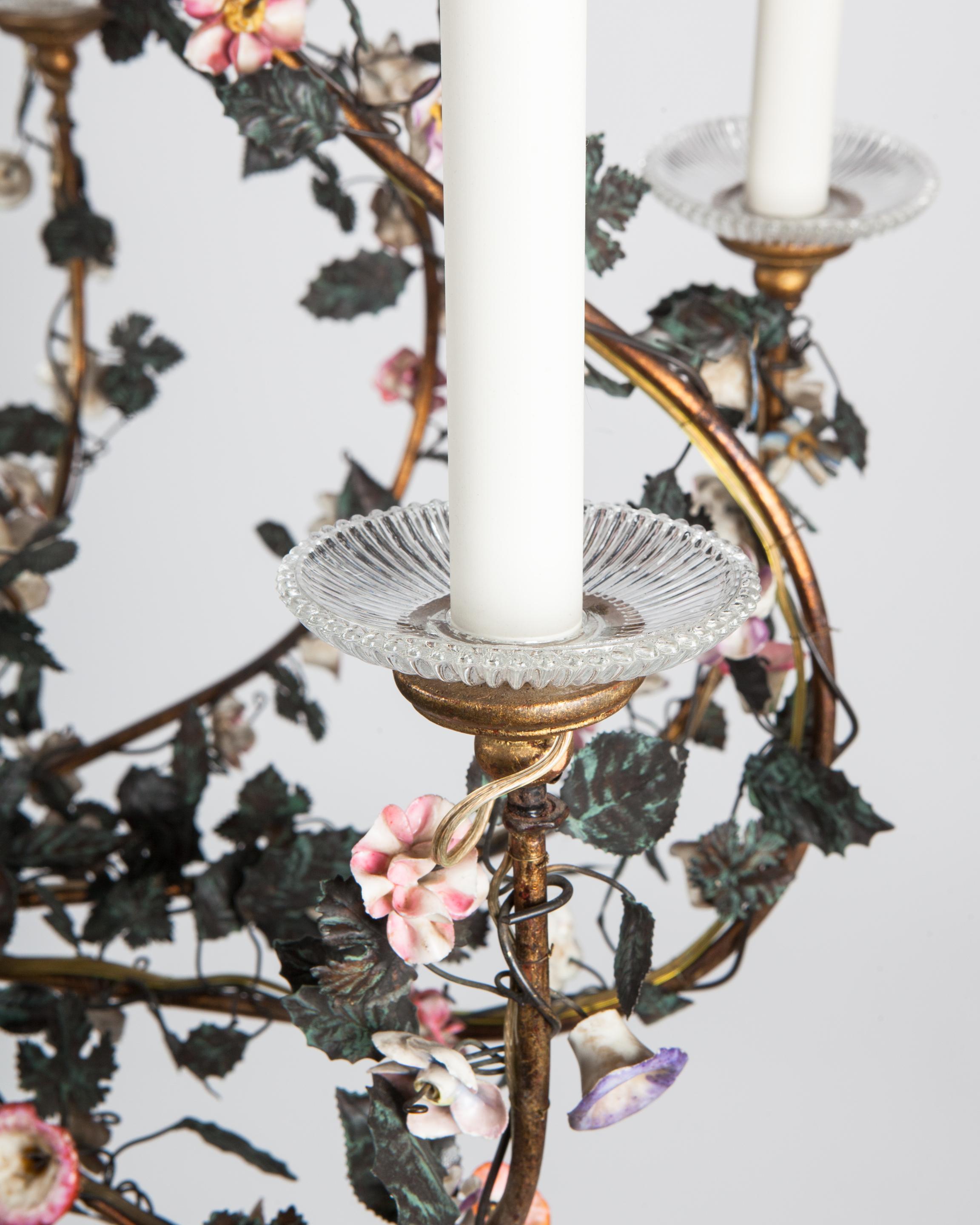 Six Arm Vintage Tole Chandelier with Hand Painted Leaves and Porcelain Flowers In Good Condition In New York, NY