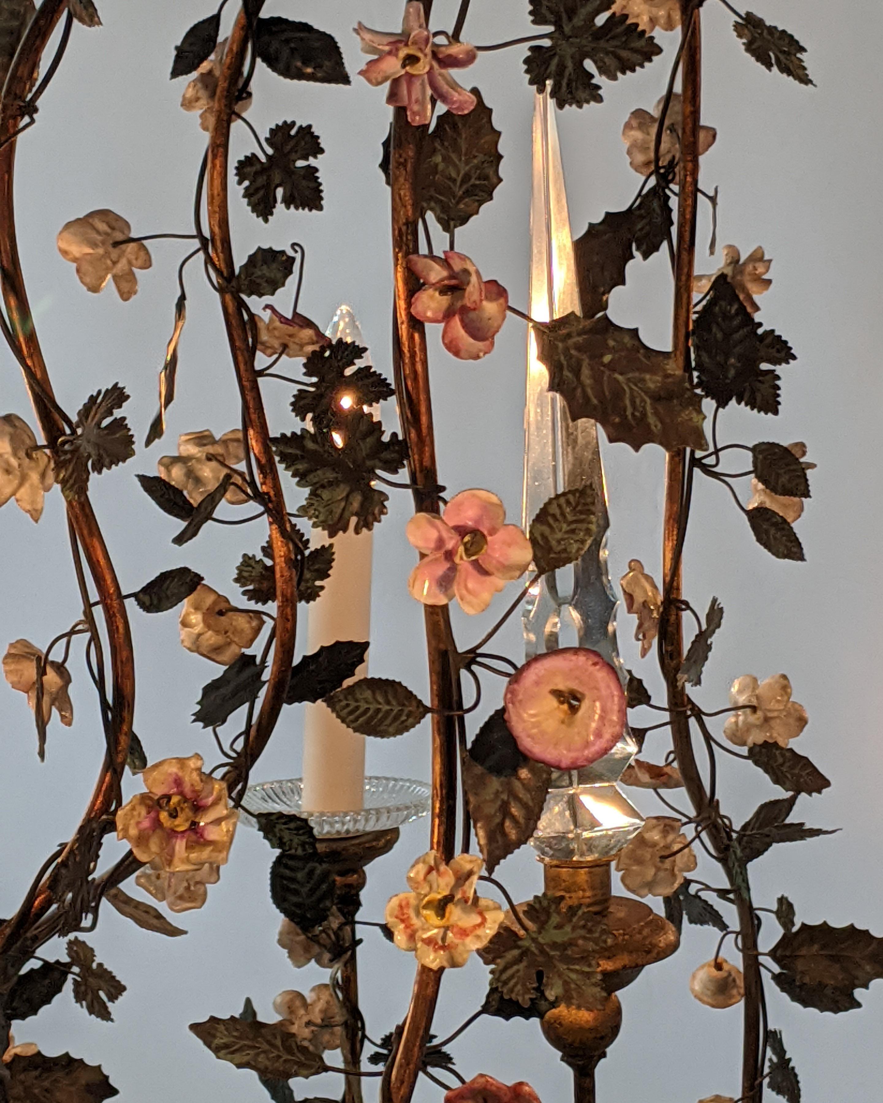 Mid-20th Century Six Arm Vintage Tole Chandelier with Hand Painted Leaves and Porcelain Flowers