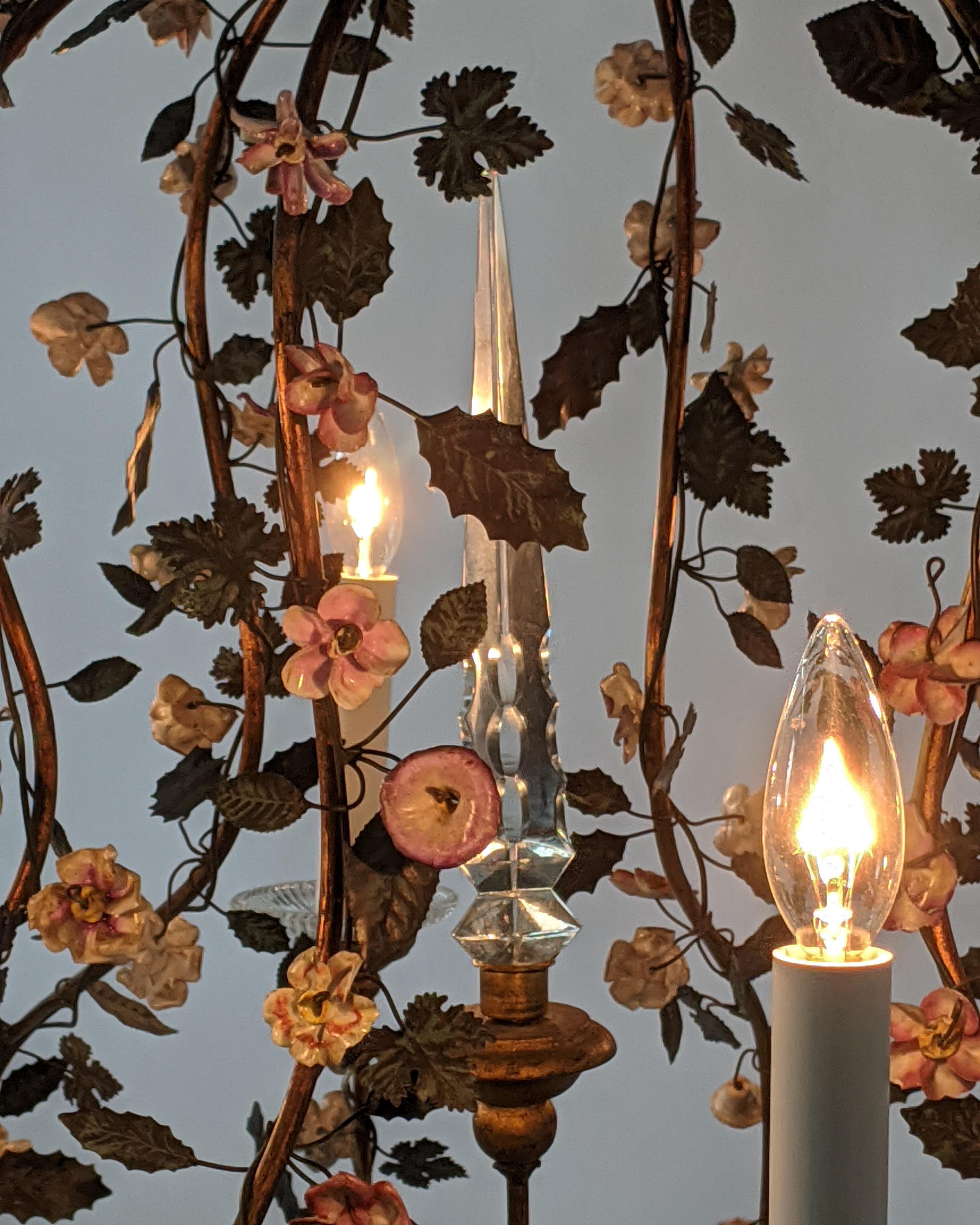 Brass Six Arm Vintage Tole Chandelier with Hand Painted Leaves and Porcelain Flowers