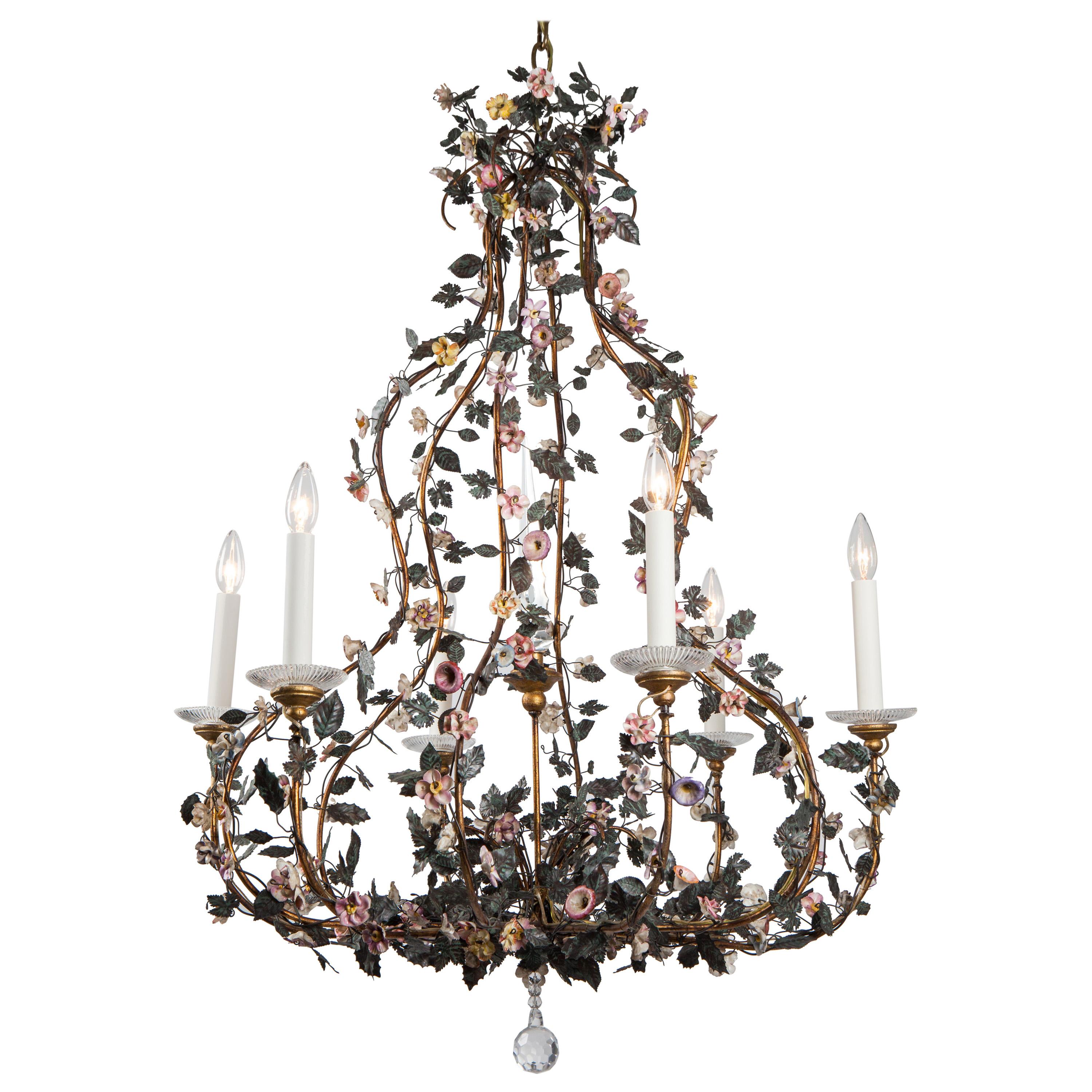 Six Arm Vintage Tole Chandelier with Hand Painted Leaves and Porcelain Flowers
