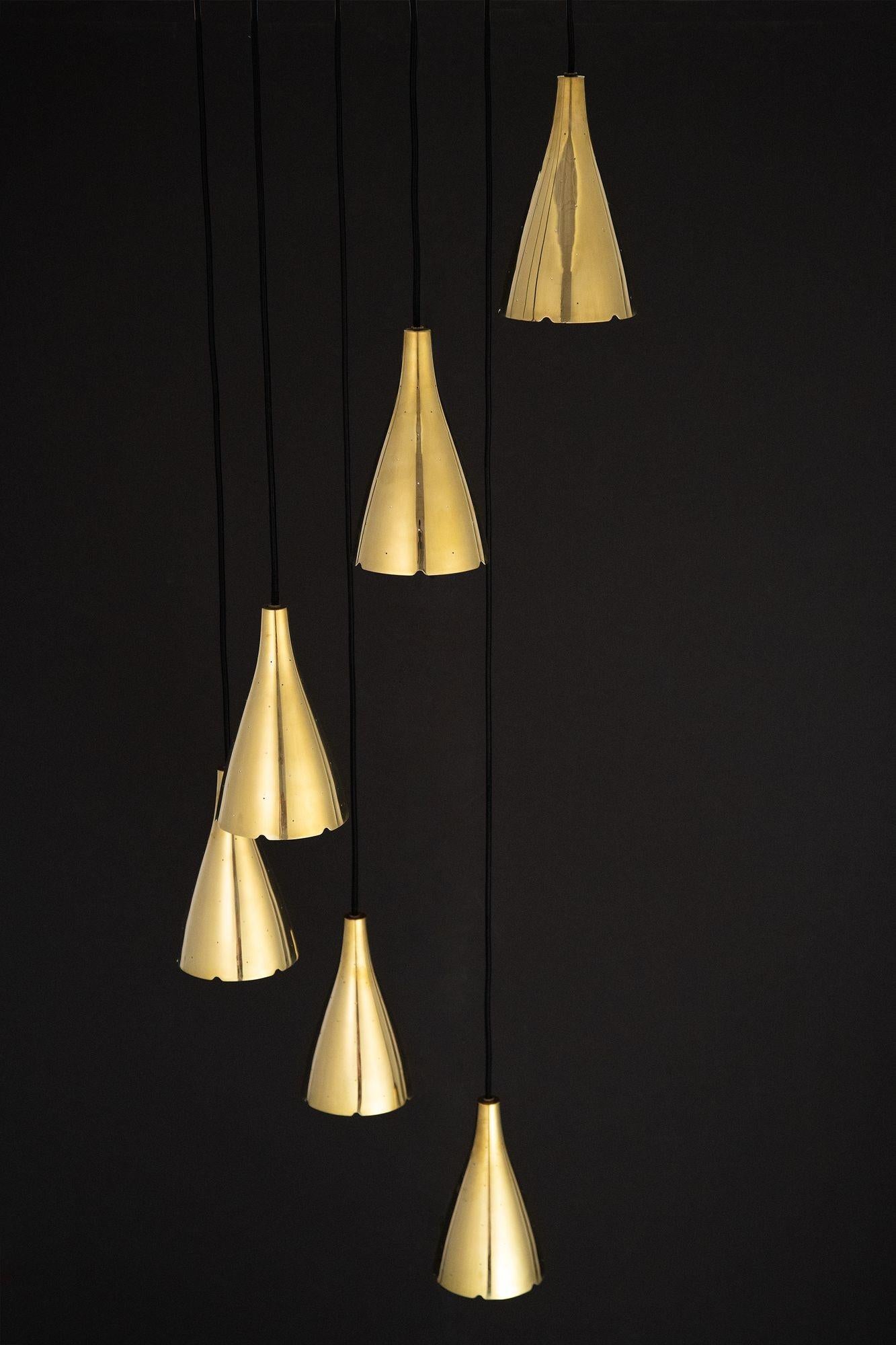 Mid-Century Modern Six Armed Brass Pendant by Paavo Tynell for Taito Oy For Sale