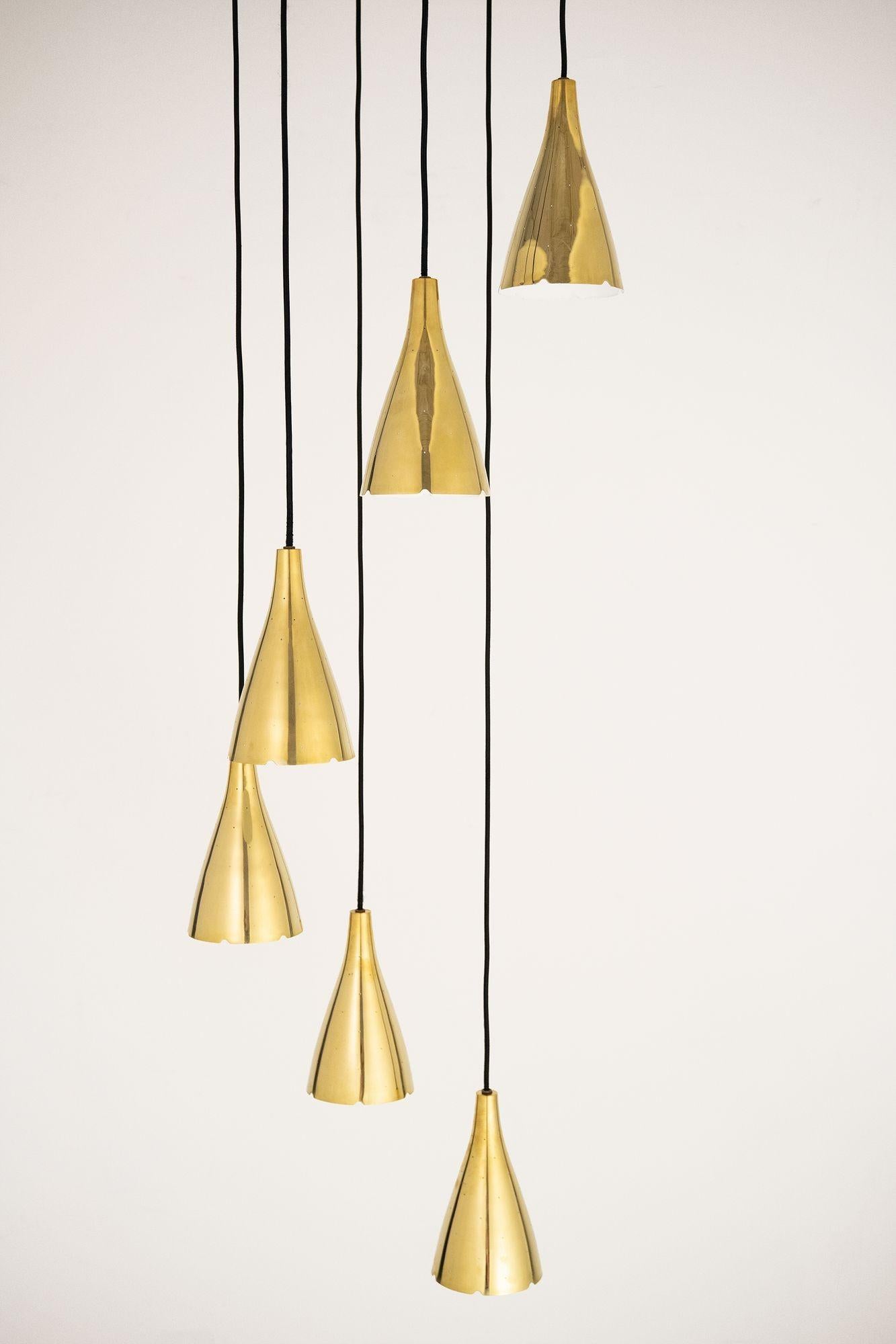Six Armed Brass Pendant by Paavo Tynell for Taito Oy For Sale 1