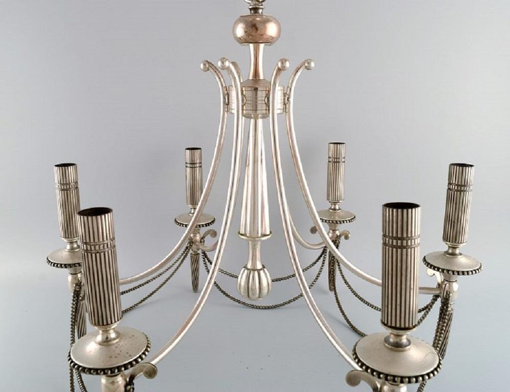 Six-Armed Chandelier in Silver Plate, Classic Style, 1930's 5