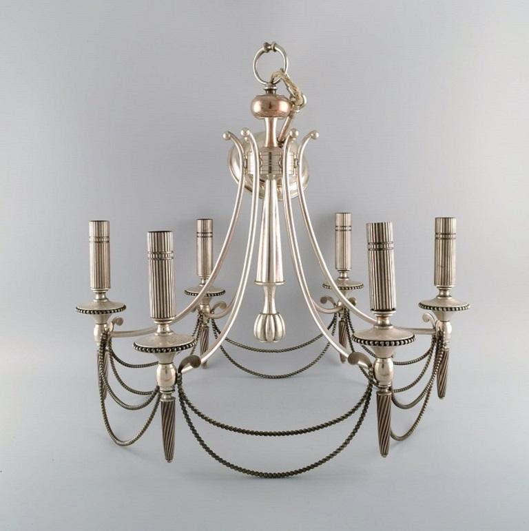 Unknown Six-Armed Chandelier in Silver Plate, Classic Style, 1930's