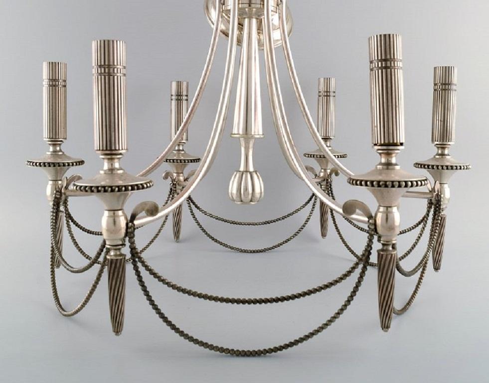 Six-Armed Chandelier in Silver Plate, Classic Style, 1930's In Excellent Condition In Copenhagen, DK